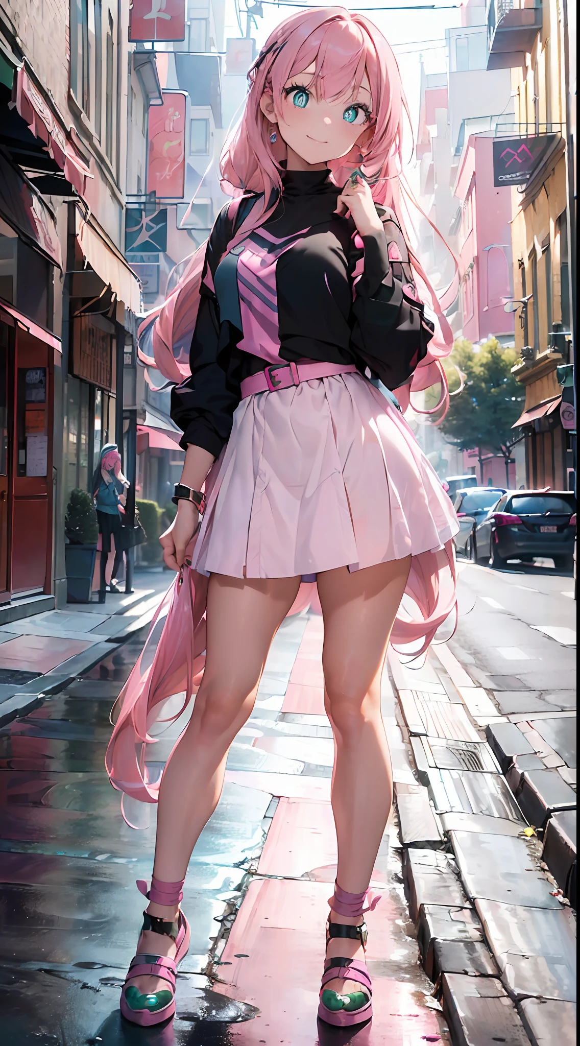 Street Shot(((Masterpiece)),((Ultra Detail,Best Quality, High Resolution, 8k Wallpaper, Beautiful Clothes,))),Full Body,Full Body Shot (1 Girl)((Pink Hair,Long Hair,Straight Hair,Both Sides Up)))(Green Eyes),Eyeshadow,Eyeliner,Glow Eyes Beautiful Eyes,(((Glowing Pink Pupils)))18 Year Old Girl.smile.ANNA Wearing SUI. Purple Clothing