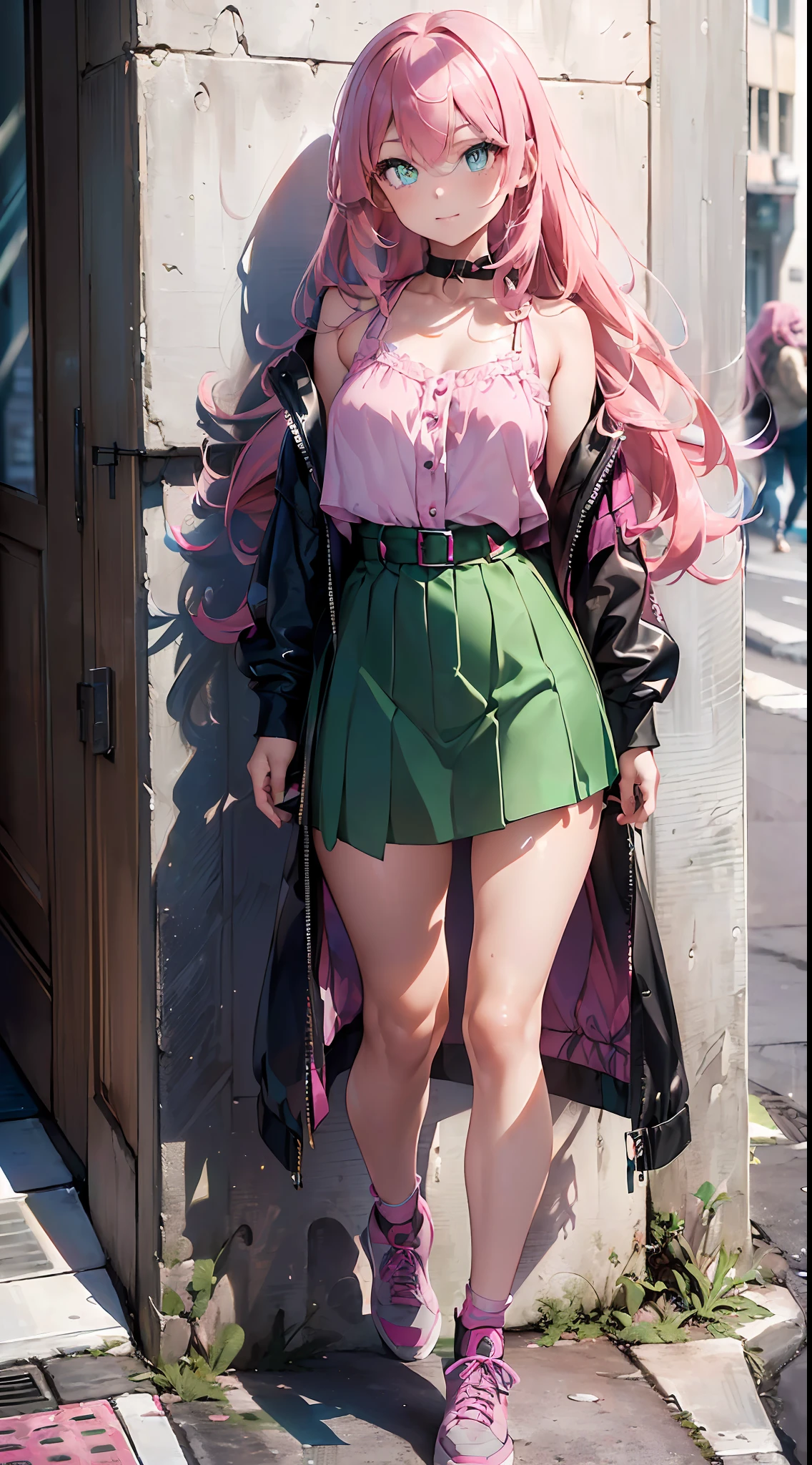 Street Shot(((Masterpiece)),((Ultra Detail,Best Quality, High Resolution, 8k Wallpaper, Beautiful Clothes,))),Full Body,Full Body Shot (1 Girl)((Pink Hair,Long Hair,Straight Hair,Both Sides Up)))(Green Eyes),Eyeshadow,Eyeliner,Glow Eyes Beautiful Eyes,(((Glowing Pink Pupils)))18 Year Old Girl.smile.ANNA Wearing SUI. Purple Clothing