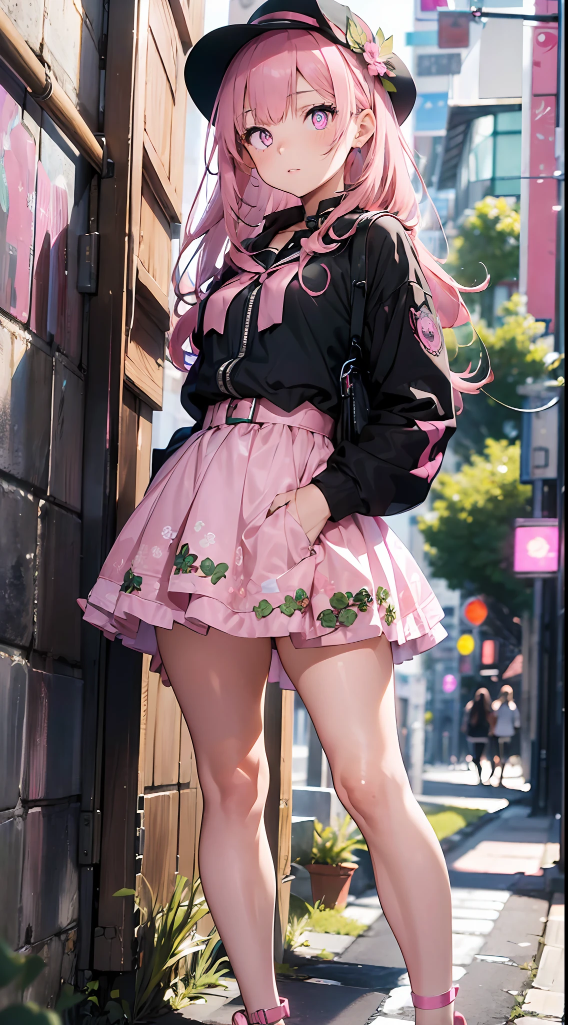 street snap(((masterpiece))),((ultra detailed,best quality, highres, 8k wallpaper, beautiful Clothes,)),fullbody,fullbodyshot (1 girl)((pink hair, long hair,straight hair,two side up)) (green eyes),eyeshadow, eyeliner,glow eyes, hyper detailed eyes, intricate eyes, beautiful eyes, ((glowing pink pupils))18-year-old girl.wearing a ANNA SUI.