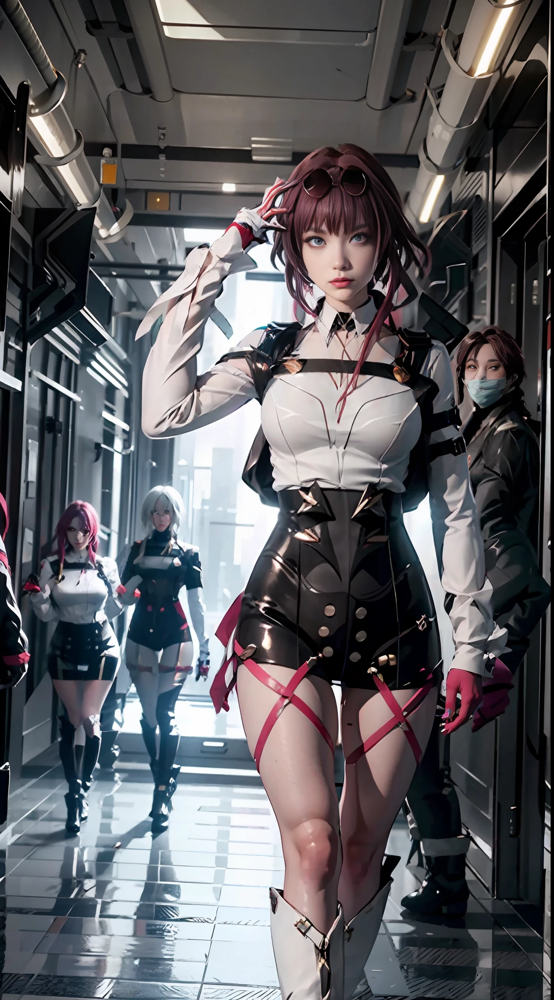 Unreal Engine 5 Realistic Rendering, wearing cosplay Kafka from Honkai Star Rail, Honkai Star Rail, game character, cosplayer, walking down hallway of futuristic space station, beautiful face, makeup, top body is hyper realistic thicc muscle and hyper largest_breasts!! with the type of boobs_melons, lower is huge buttocks, jealous, highres, highres, 1080P, UHD, masterpiece