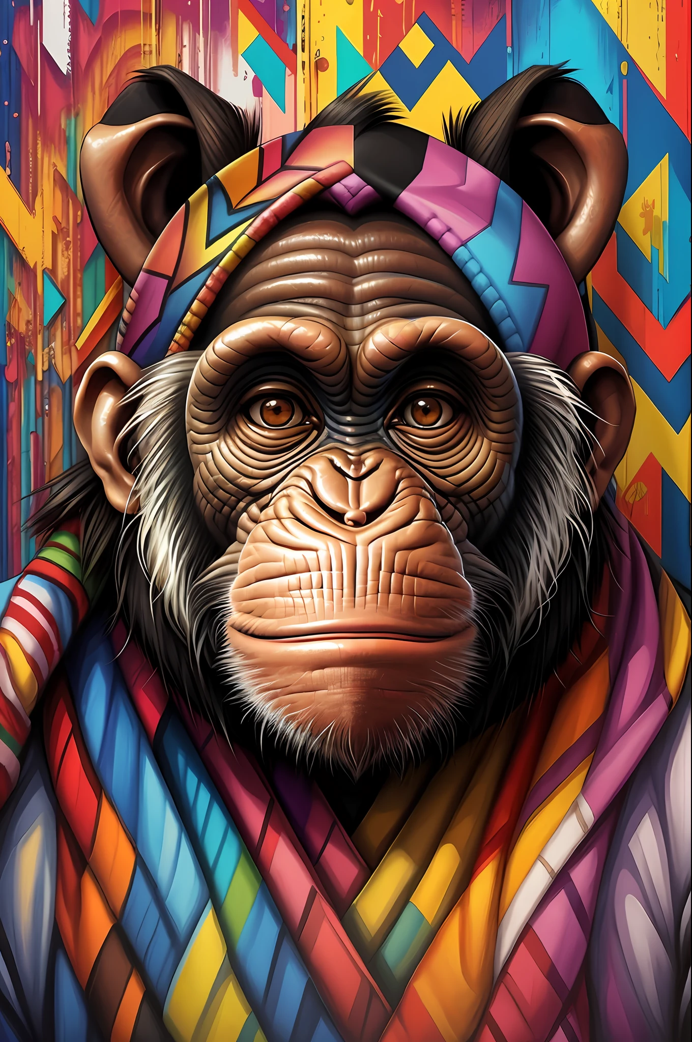 Chimpanzee ),(happy),2ear, Eduardo Kobra padding ,wall PORTRAIT geometric multidimensional, art, chibi,
yang08k, beautiful, colorful,
masterpieces, top quality, best quality, official art, beautiful and aesthetic,