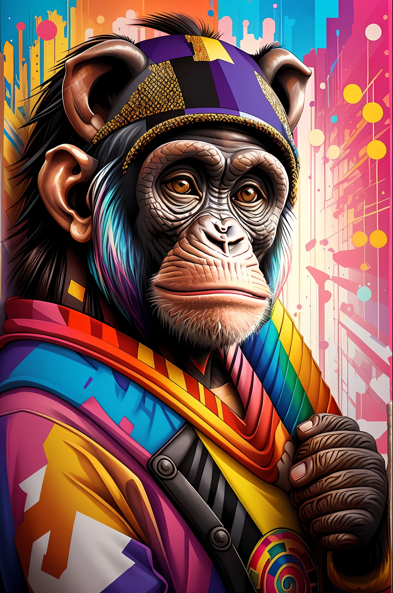 Chimpanzee ),(happy),2ear, Eduardo Kobra padding ,wall PORTRAIT geometric multidimensional, art, chibi,
yang08k, beautiful, colorful,
masterpieces, top quality, best quality, official art, beautiful and aesthetic,