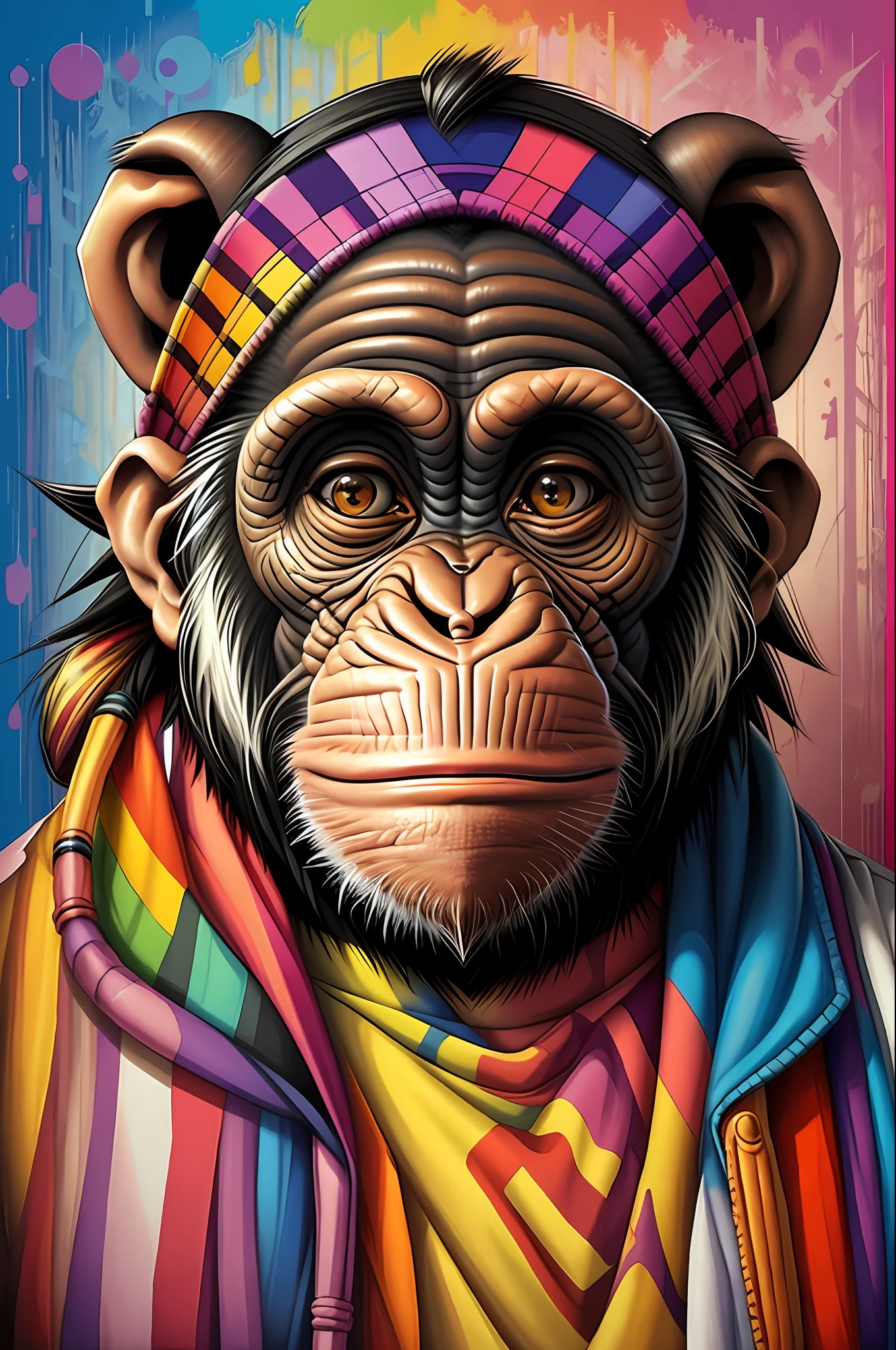 Chimpanzee ),(happy),2ear, Eduardo Kobra padding ,wall PORTRAIT geometric multidimensional, art, chibi,
yang08k, beautiful, colorful,
masterpieces, top quality, best quality, official art, beautiful and aesthetic,