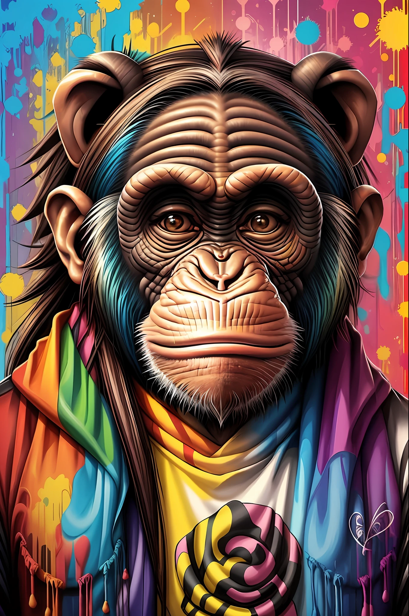 Chimpanzee ),(happy),2ear, Eduardo Kobra padding ,wall PORTRAIT geometric multidimensional, art, chibi,
yang08k, beautiful, colorful,
masterpieces, top quality, best quality, official art, beautiful and aesthetic,