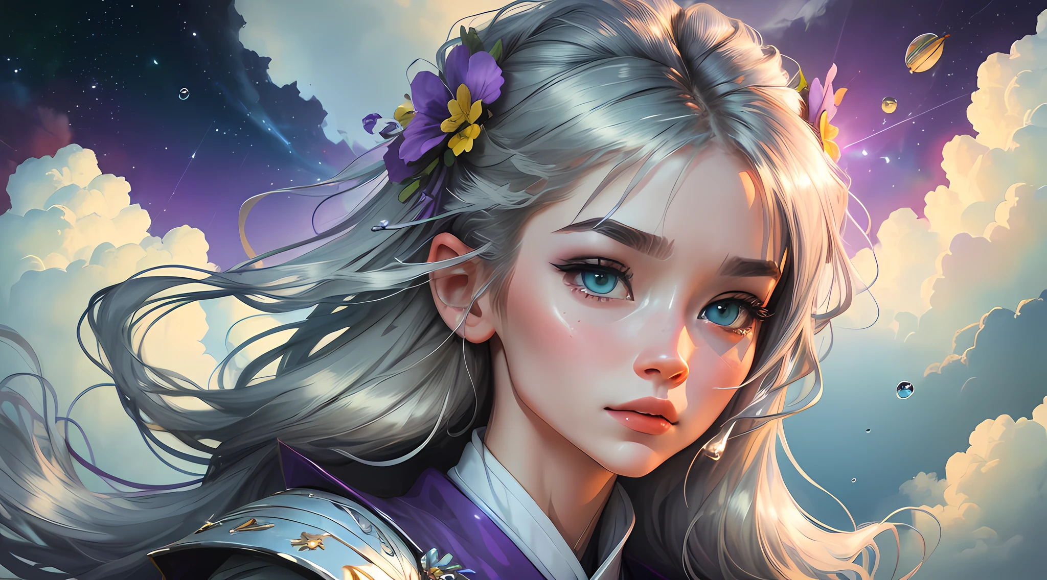 (((masterpiece))), best quality, ultra detailed, 8k CG image with high resolution, a girl floating in space, beautiful and delicate, dynamic angle, dynamic pose, blue eyes, multicolored hair (silver:1.3+red:1.2+purple+yellow:1.3+green:1.3), white wuxia clothes, neck tie, beautiful face, many drops of water, clouds, twilight, general plan, watercolor style. --auto --s2
