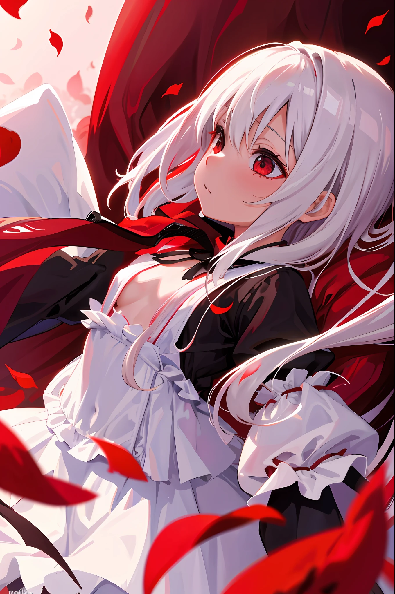 Best Definition, Red Petals, Colorful Background, Clean Wrinkles, Warm Light, Active Lighting Effects, Upper Body, White Long Hair, (small breasts:1.4), (:1.4), Gothic lolifurisode