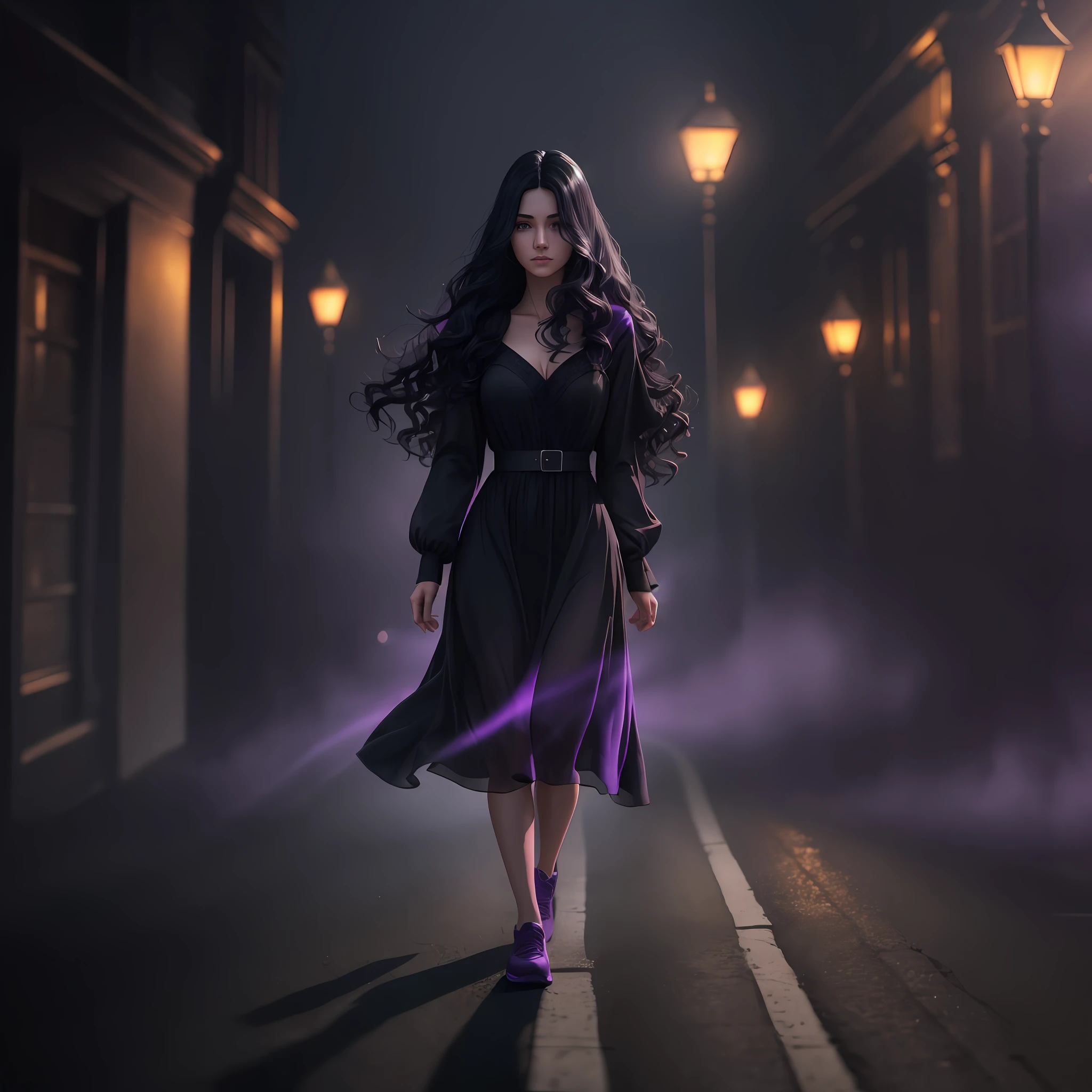Woman walking head-on down a road at night, with fog and shadows, wavy and long black hair, detailed hand and fingers, high quality, ultra-detailed, 8k, masterpiece, (volumetric lighting), black magic, fanciful, lilac colors, purple, black and vivid shadows on the woman's return. --auto --s2