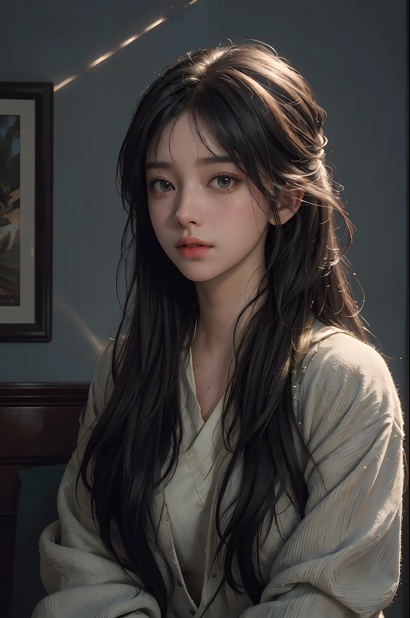 (RAW photo, best quality), (realistic, photo-realistic:1.3),best quality,highly detailed,masterpiece,ultra-detailed,illustration,1girl,upper_body,dynamic angle,world masterpiece theater,messy_long_hair,best quality,extremely detailed CG unity 8k wallpaper,ink,Amazing,cinematic lighting,lens_flare, dunhuang_style