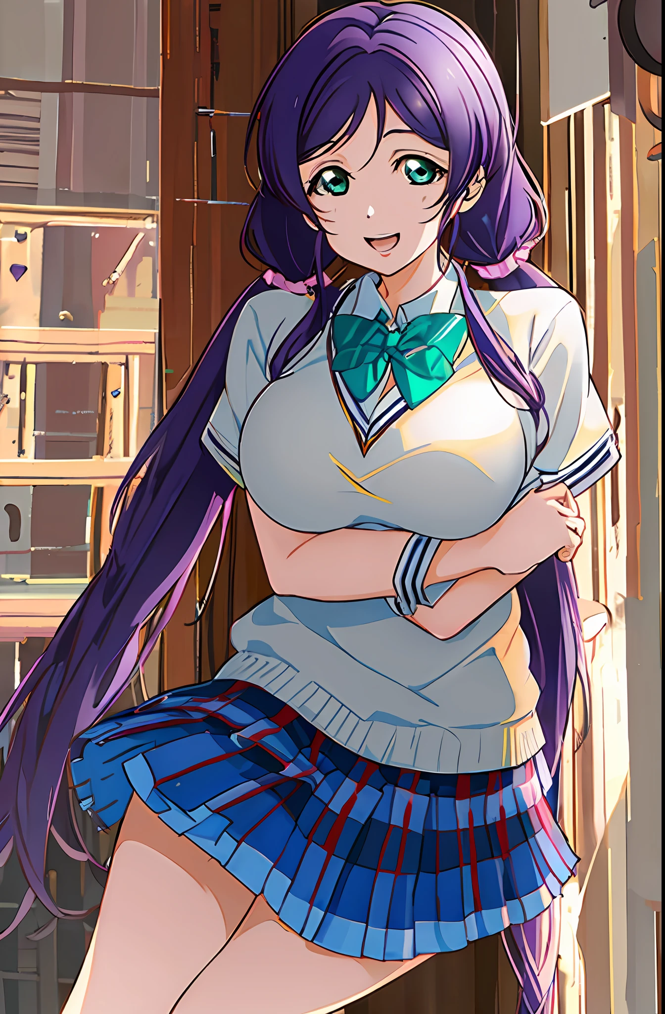 (love live! school idol project:1.15763), (love live!:1.15763), (toujou nozomi:1.15763), purple hair, green eyes, (large breasts:1.4), (long hair), (low twintails:1.3),