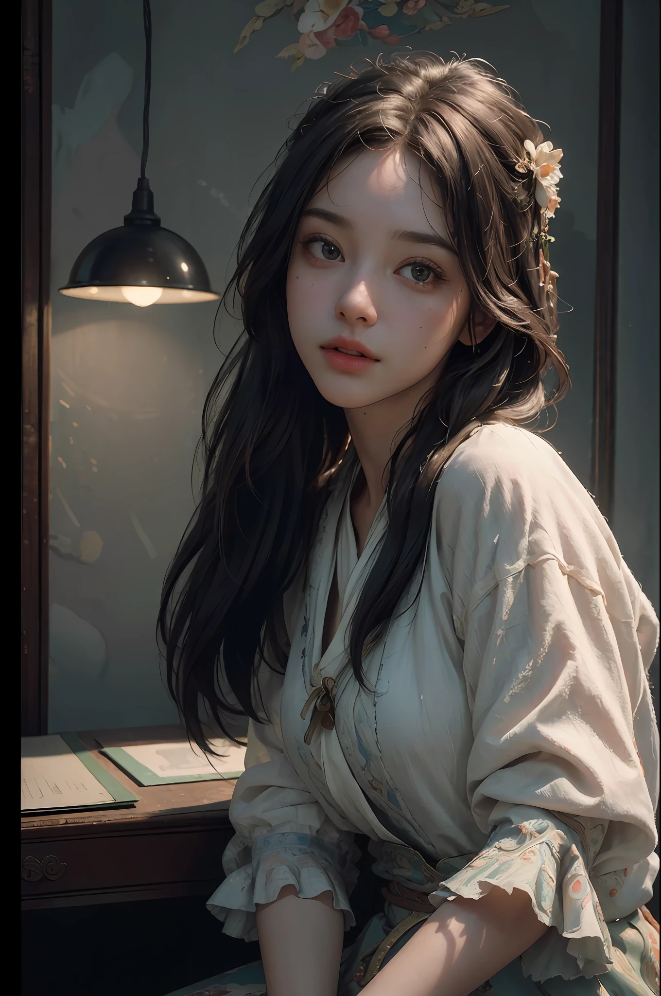 (RAW photo, best quality), (realistic, photo-realistic:1.3),best quality,highly detailed,masterpiece,ultra-detailed,illustration,1girl,upper_body,dynamic angle,world masterpiece theater,messy_long_hair,best quality,extremely detailed CG unity 8k wallpaper,ink,Amazing,cinematic lighting,lens_flare, dunhuang_style