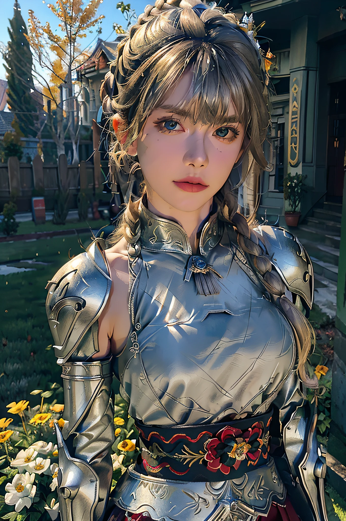 (8K, best quality:1.2), (masterpiece:1.37), (photo, photorealistic:1.37), (ultrahigh-res), half body, walking pose, shot from front, slow motion, female paladin wearing the full body, (light silver armour:1.2),(ornately decorated armor), (insanely detailed, bloom:1.5), (highest quality, Alessandro Casagrande, Greg Rutkowski, Sally Mann, concept art, 4k), (analog:1.2), (high sharpness), (detailed pupils:1.1), detailed face and eyes, Masterpiece, best quality, (highly detailed photo:1.1), (long blonde Hair, ponytail,ecstatic:1.1), (young woman:1.1), sharp, (perfect body:1.1), realistic, real shadow, 3d, (temple background:1.2), arms crossed over the chest 
photographed by Canan EOS R6, 135mm, 1/1250s, f/2.8, ISO 400