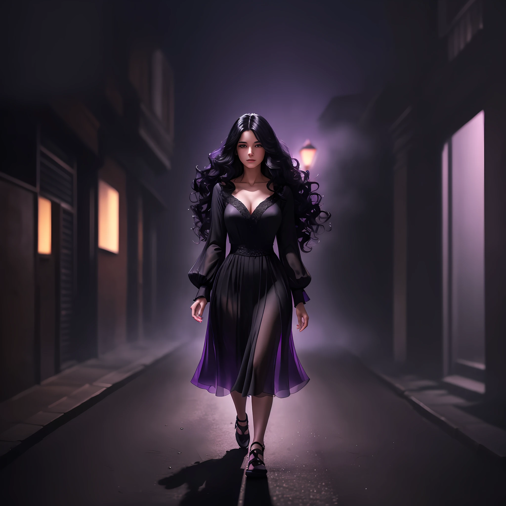 Woman walking head-on down a road at night, with fog and shadows, wavy and long black hair, detailed hand and fingers, high quality, ultra-detailed, 8k, masterpiece, (volumetric lighting), black magic, fanciful, lilac colors, purple, black and vivid shadows on the woman's return. --auto --s2