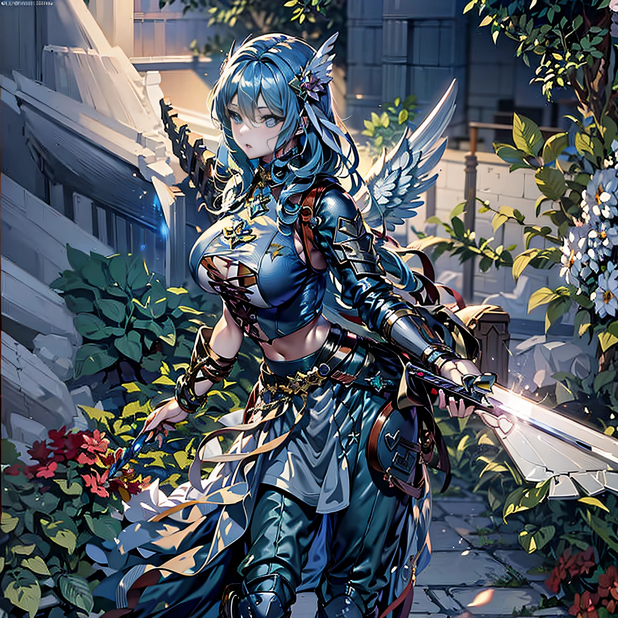 Close-up of a woman holding a sword and a flower, 2. 5d CGI anime fantasy artwork, high detail official artwork, angel knight girl, (big wings) mechanized Valkyrie girl, anime fantasy artwork, detailed digital 2D fantasy art, epic fantasy art style HD, highly detailed fine fan art, epic exquisite character art, detailed fantasy art, armor girl