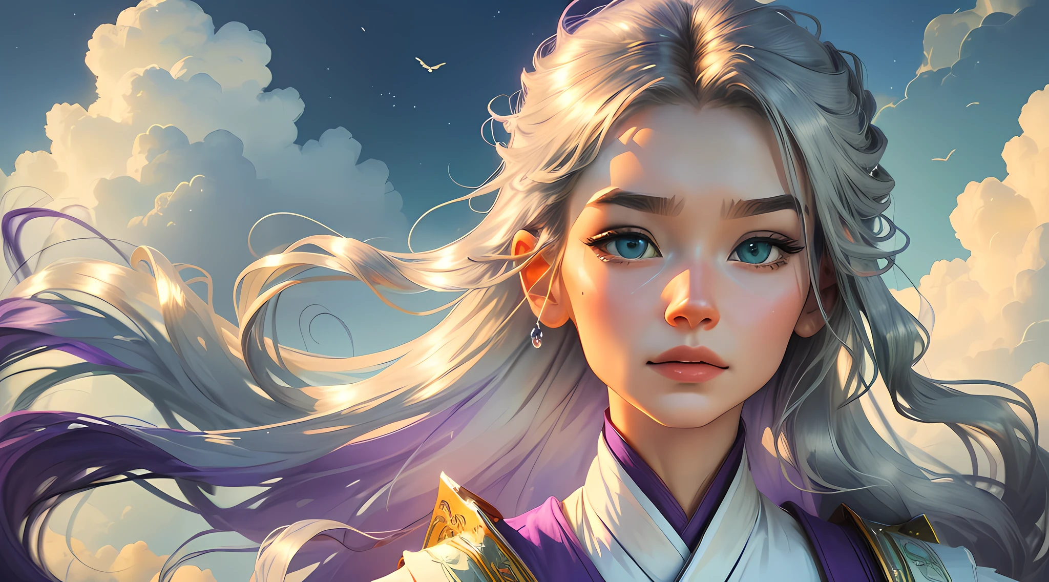 (((masterpiece))), best quality, ultra detailed, 8k CG image with high resolution, a girl floating in space, beautiful and delicate, dynamic angle, dynamic pose, blue eyes, multicolored hair (silver:1.3+red:1.2+purple+yellow:1.3+green:1.3), white wuxia clothes, neck tie, beautiful face, many drops of water, clouds, twilight, general plan,  watercolor style. --auto --s2