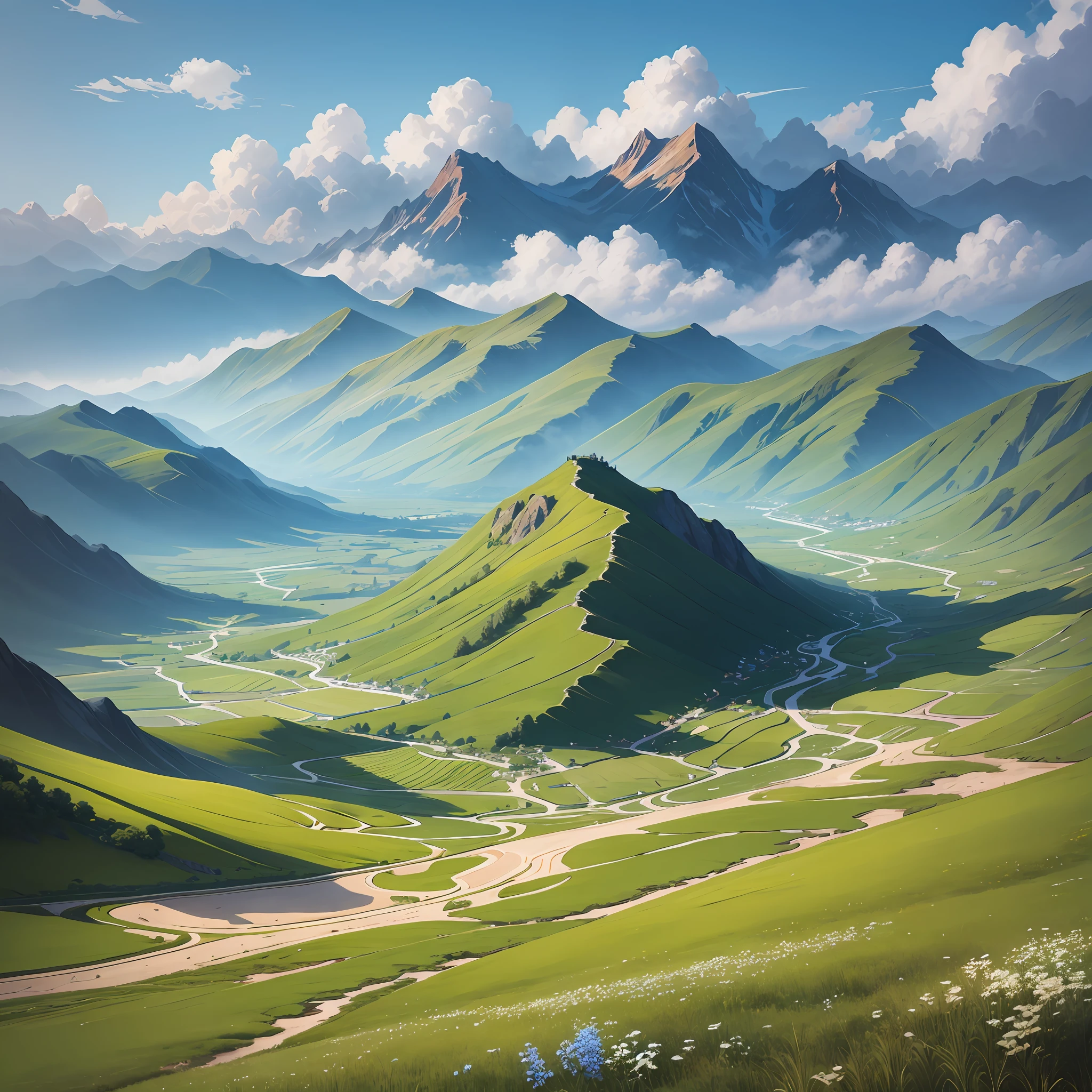 Chinese landscape, realistic, real, beautiful Stunning landscape painting Petals Grassland Blue sky and white clouds Grassland Creek Mountain range --auto --s2