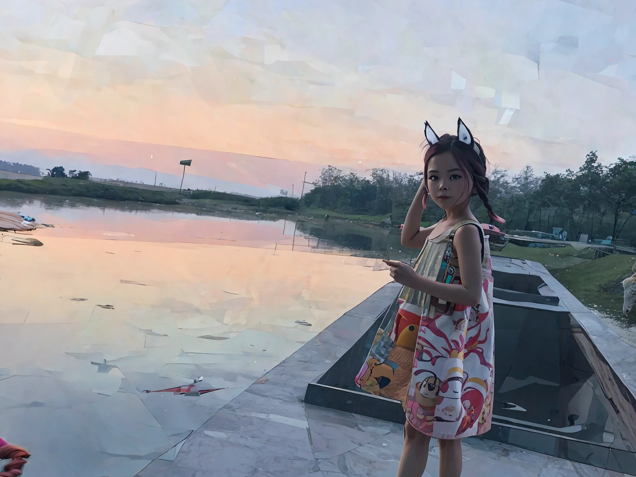 A fox girl with twisted braids, pink hair, looking at the camera, with a fox tail, and a tiger eating a chicken in the background