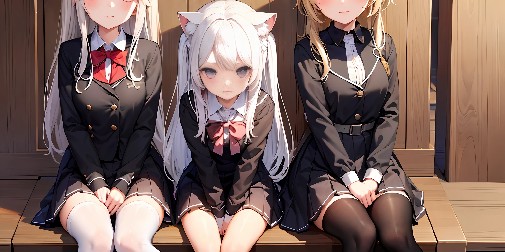 Three loli loli, (white hair: 1.1), (black hair: 1.1), (blonde: 1.1), cat ears, school uniform, sitting in a row, looking at the camera, classroom background