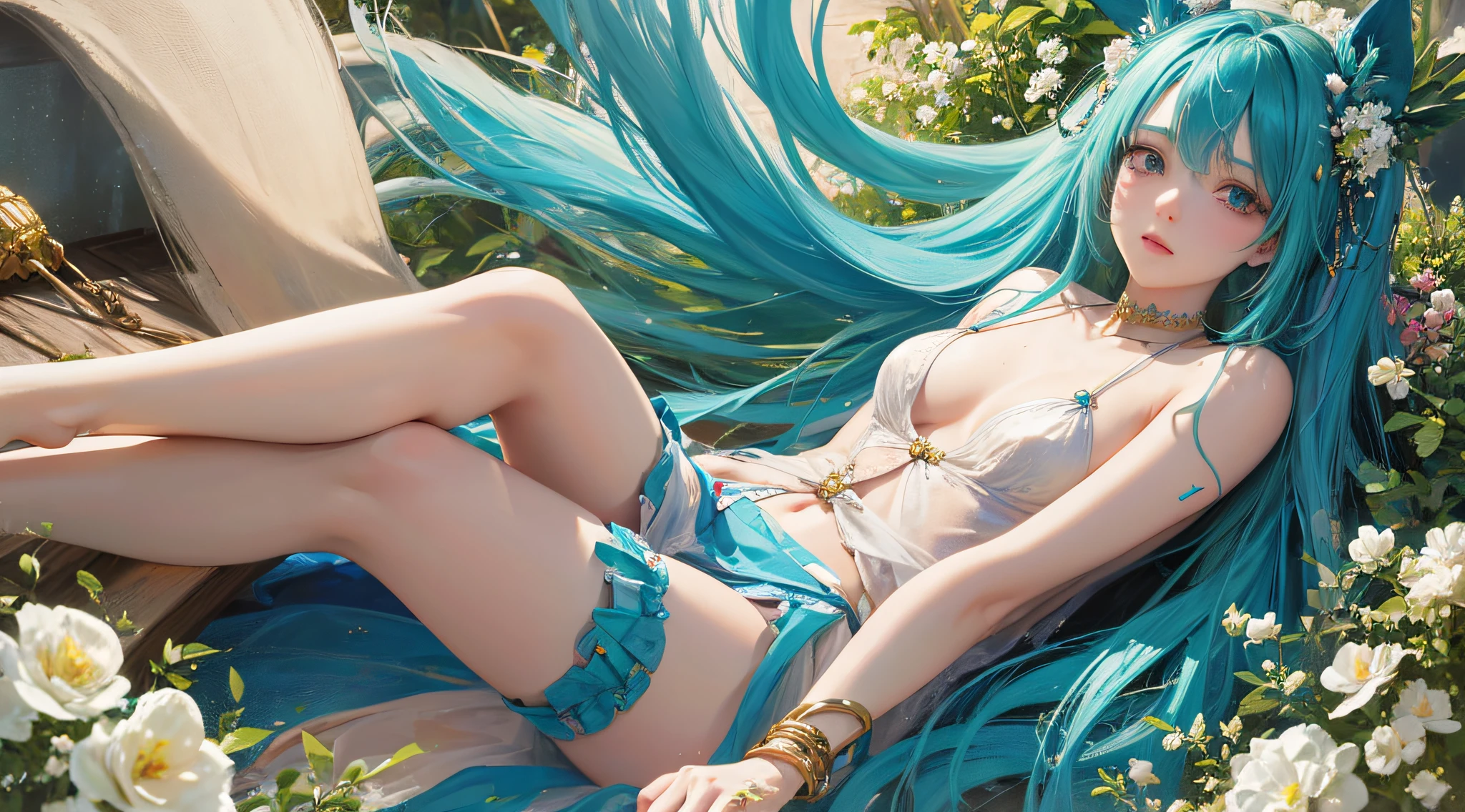 1, masterpiece, dreamy, complex details, studio photography, cinematic light, high brightness, depth of field, bright, light, pastel, colorful, vibrant, bright, sunny, bright and vibrant, high-key, vivid, depth of field,
1 girl, (Hatsune Miku: 1.5), long hair, shiny hair, upper body, bright particles, green shiny note hair clip flowers, blue eyes, bright ornaments, red tattoos, strap slip, blue hair, hands on their own cheeks, solo girl, Hatsune Miku, high quality, high resolution,