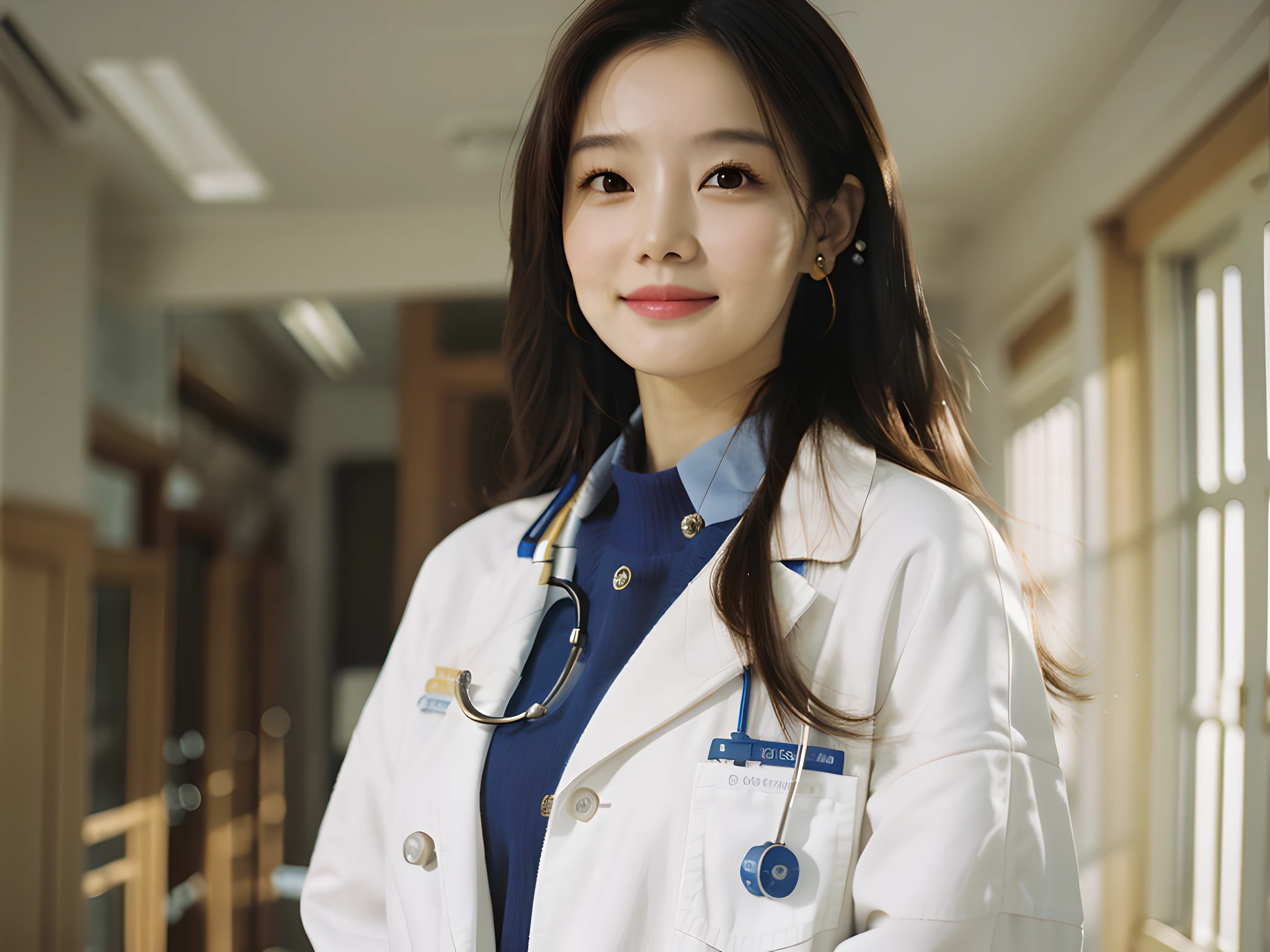 (Realistic: 1.4), (Masterpiece, Best Quality), 1 Girl, White Coat of Doctor, Solo, Long Hair, Brown Hair, Earrings, Smile, Portrait, Hospital Background, Sunlight Through Window