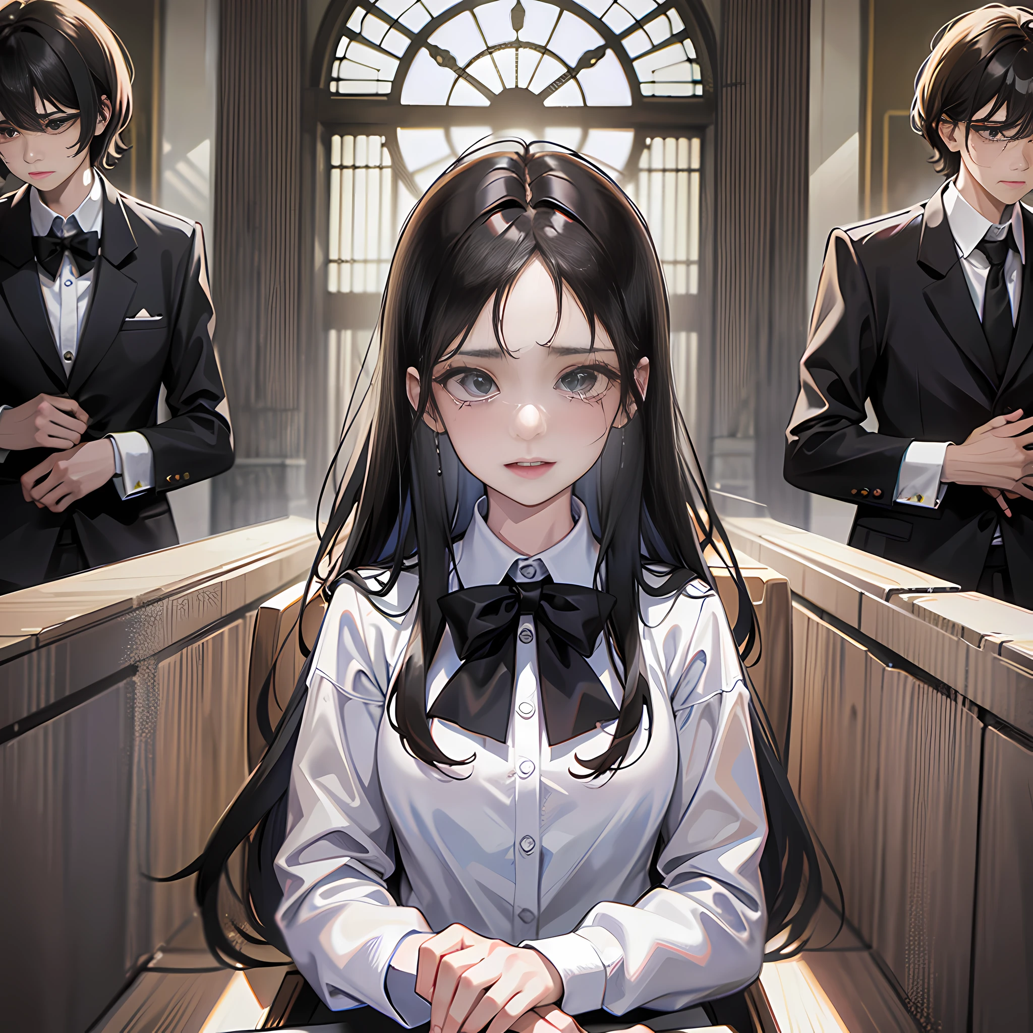 In the courthouse, on the seat, there is a girl standing up, long black hair, crying, tears, scared, super detailed, 4k, white, no bow tie, super detailed,