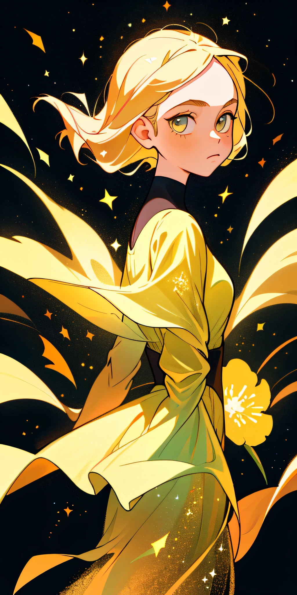 (best quality, masterpiece), 1girl, galaxy, glitter, dress, particle, wind, flower, upper body, dark simple background, looking at viewer, blonde,