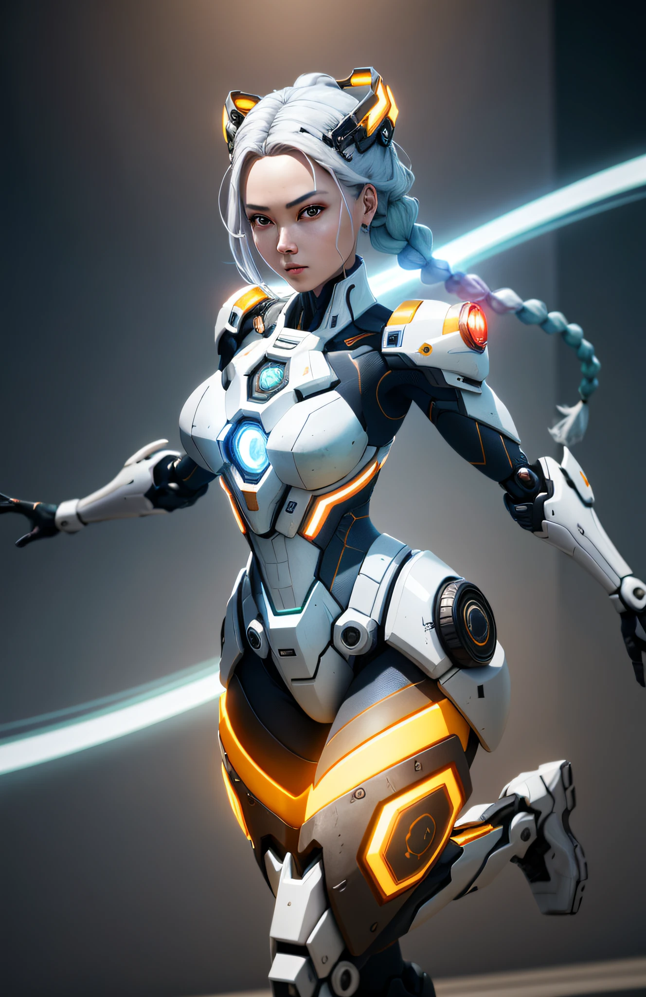 (Best Quality)), ((Masterpiece)), (Very Detailed: 1.3), 3D, master chef-mecha, Beautiful cyberpunk woman wearing crown, with master chef style armor, sci-fi technology, HDR (High Dynamic Range), ray tracing, nvidia RTX, super resolution, unreal 5, subsurface scattering, PBR texture, post-processing, anisotropic filtering, depth of field, maximum sharpness and sharpness, multi-layer texture, Specular and albedo mapping, surface shading, accurate simulation of light-material interactions, perfect proportions, octane rendering, duotone lighting, low ISO, red balance, rule of thirds, wide aperture, 8K RAW, high efficiency subpixels, subpixel convolution, light particles, light scattering, Tyndall effect, very sexy, full body, battle pose, silver hair with braids,