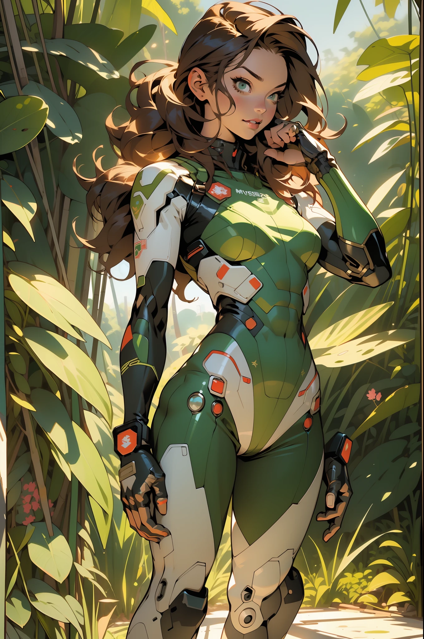 ((Best quality)), ((masterpiece)), (detailed: 1.4), (Absurd), (((full body)), (((woman))), 35-year-old woman, Beautiful muscular woman, giant robot pilot, wild with perfect body, wearing little clothing, tiny thong, clothing with Japanese graphic patterns, halftone pattern and vertical stripes, moss green