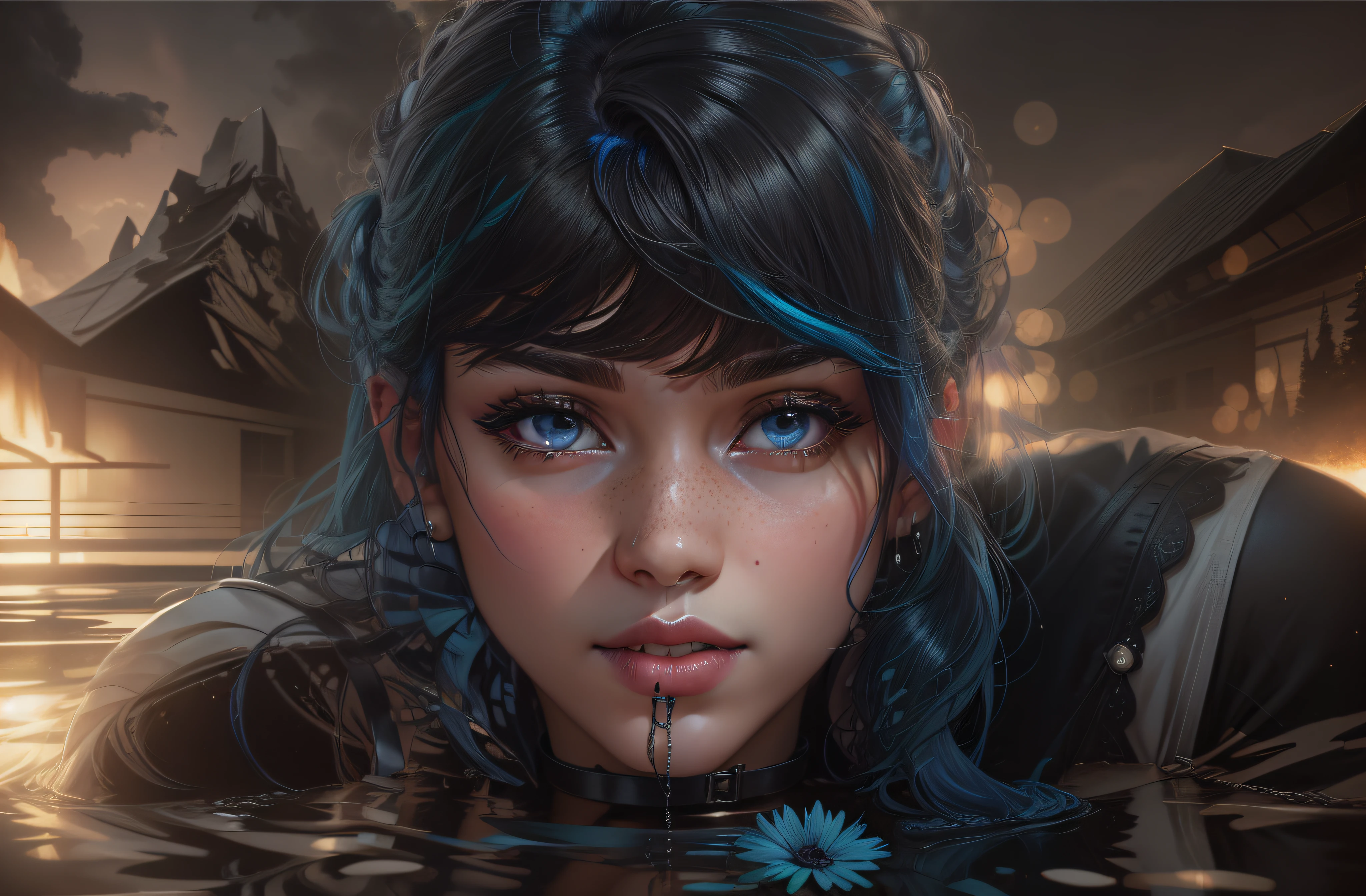 masterpiece, best quality,3d rending work ,3DMM style,close-up,portrait, 3D,1girl, solo, multicolored hair, blue hair, black hair, necklace, freckles, jewelry, two-tone hair, looking to the side, realistic, upper body, simple background, bangs, looking away, short hair, parted lips, black eyes, lips, gothic, choker, makeup, mole, black shirt, shirt, watermark