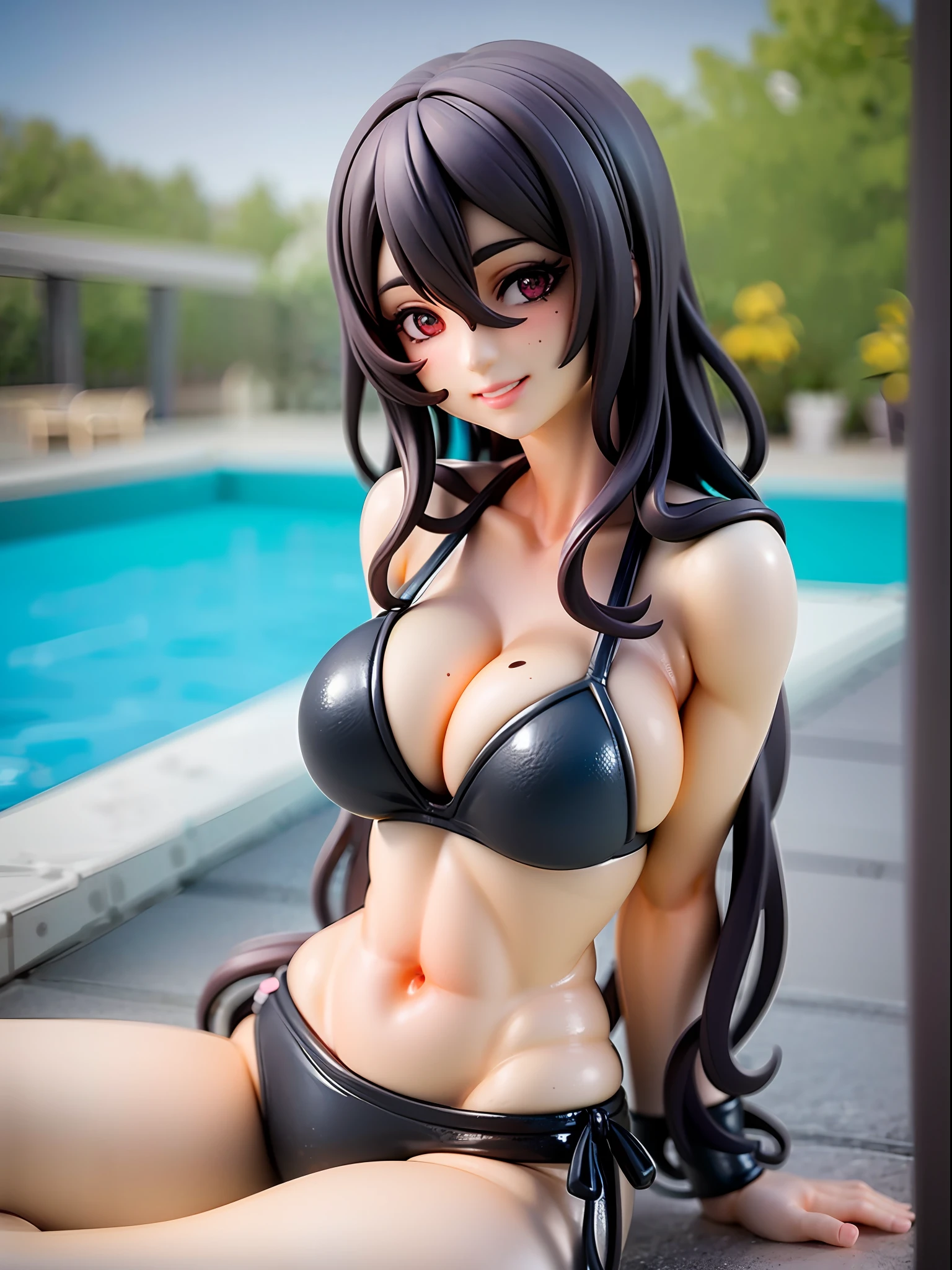 Girl, black school swimsuit, charming smile, black face mask, black hair, long hair, straight hair, beautiful eyes, pool, poolside, summer, with moles in cleavage. forward leaning posture,