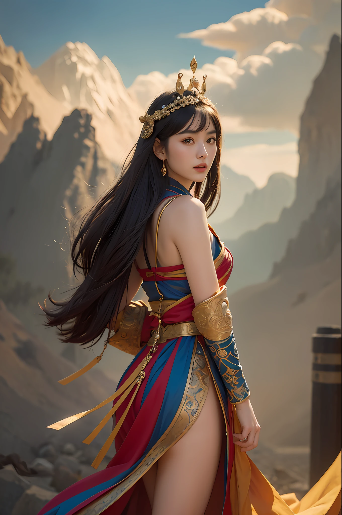 1girl, Dunhuang flying costume, messy long hair, Ji Jian, Dunhuang style, a lot of smoke, superb, looks like Liu Puyu, elegant color, (realistic, high detail, masterpiece, super detailed, dynamic angle, mural background, ink, amazing, movie lighting, illustration, chiaroscuro, backlight, God light, holland, best quality, best quality