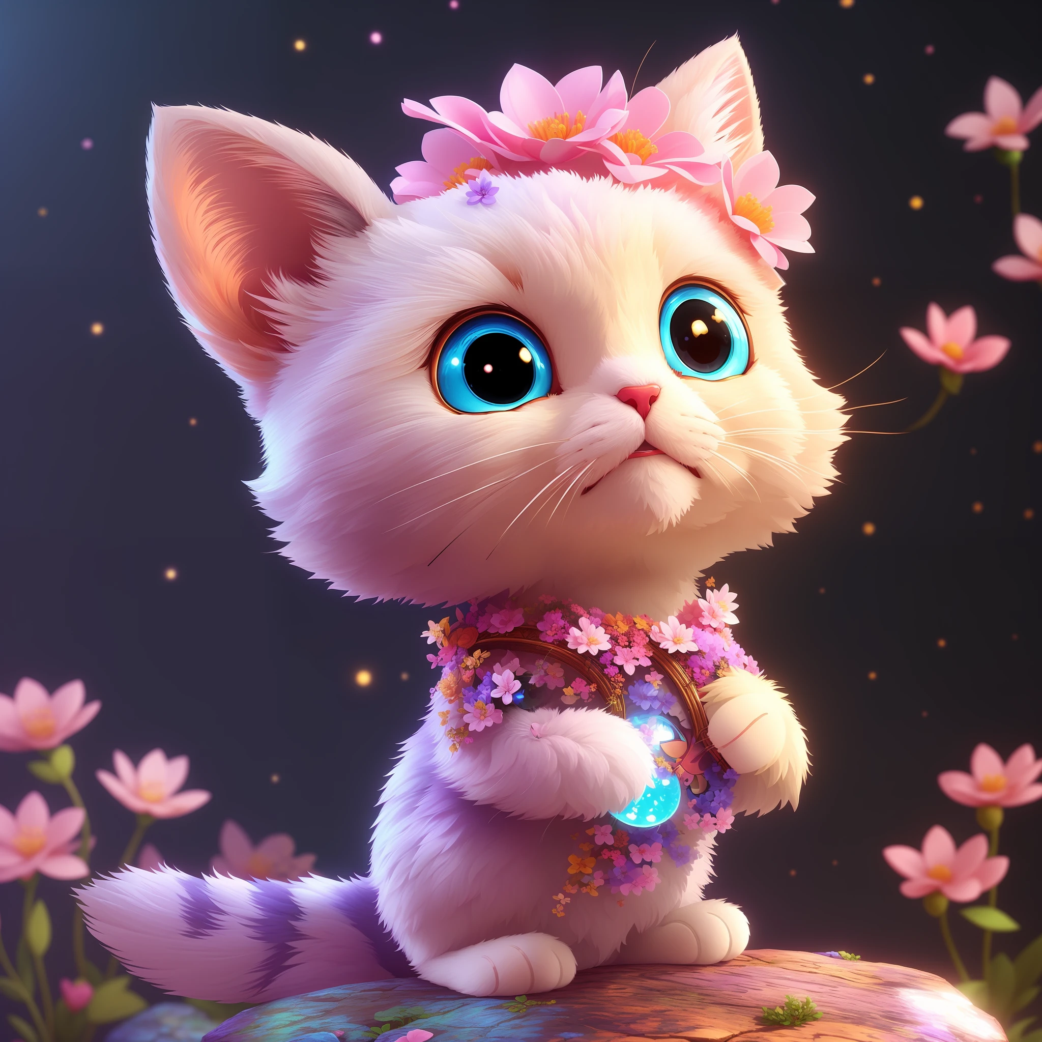 There is a cat sitting on a rock with flowers, cute digital painting, cute detailed digital art, cute 3d render, golden cat, cute digital art, beeple and jeremiah ketner, 3d render stylized, 4k highly detailed digital art, children&#39;s art in artstation, presented in redshift, inspired by WLOP