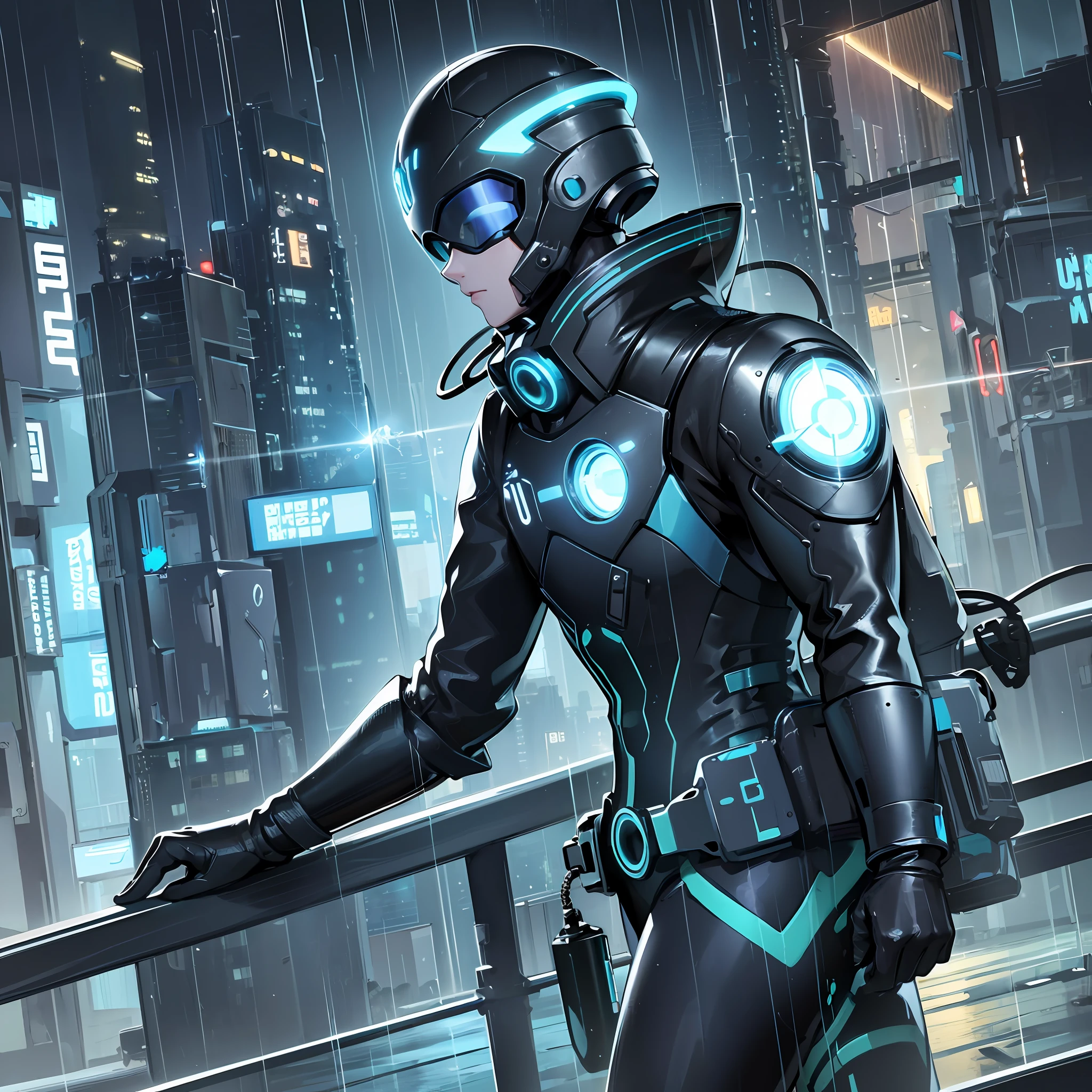 a scuba diver, diving suit, exploring underwater futuristic city, darktheme, futuristc, cyberpunk, clean, in clean background, for a webpage, luminous, neon, shades of blue, tech, backview, glass circular helmet, in rain, rain mode --auto --s2