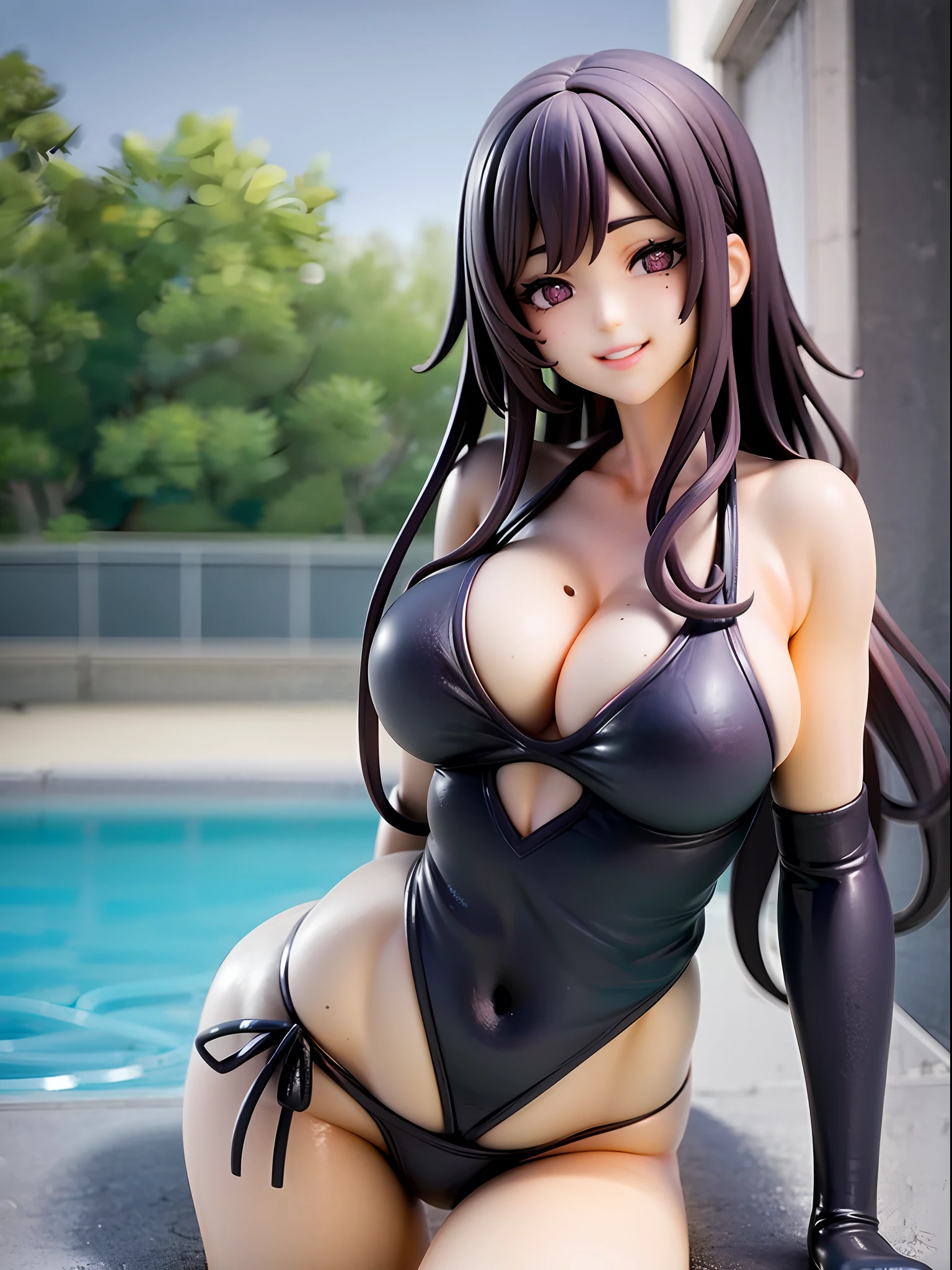 Girl, black school swimsuit, charming smile, black face mask, black hair, long hair, straight hair, purple eye, beautiful eyes, pool, poolside, summer, with moles in cleavage. forward leaning posture,
