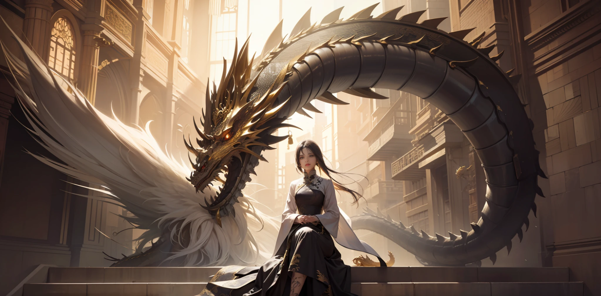 Metal mechanical Chinese dragon, surrounding, golden, reflective, light and shadow texture, dynamic lens effect.