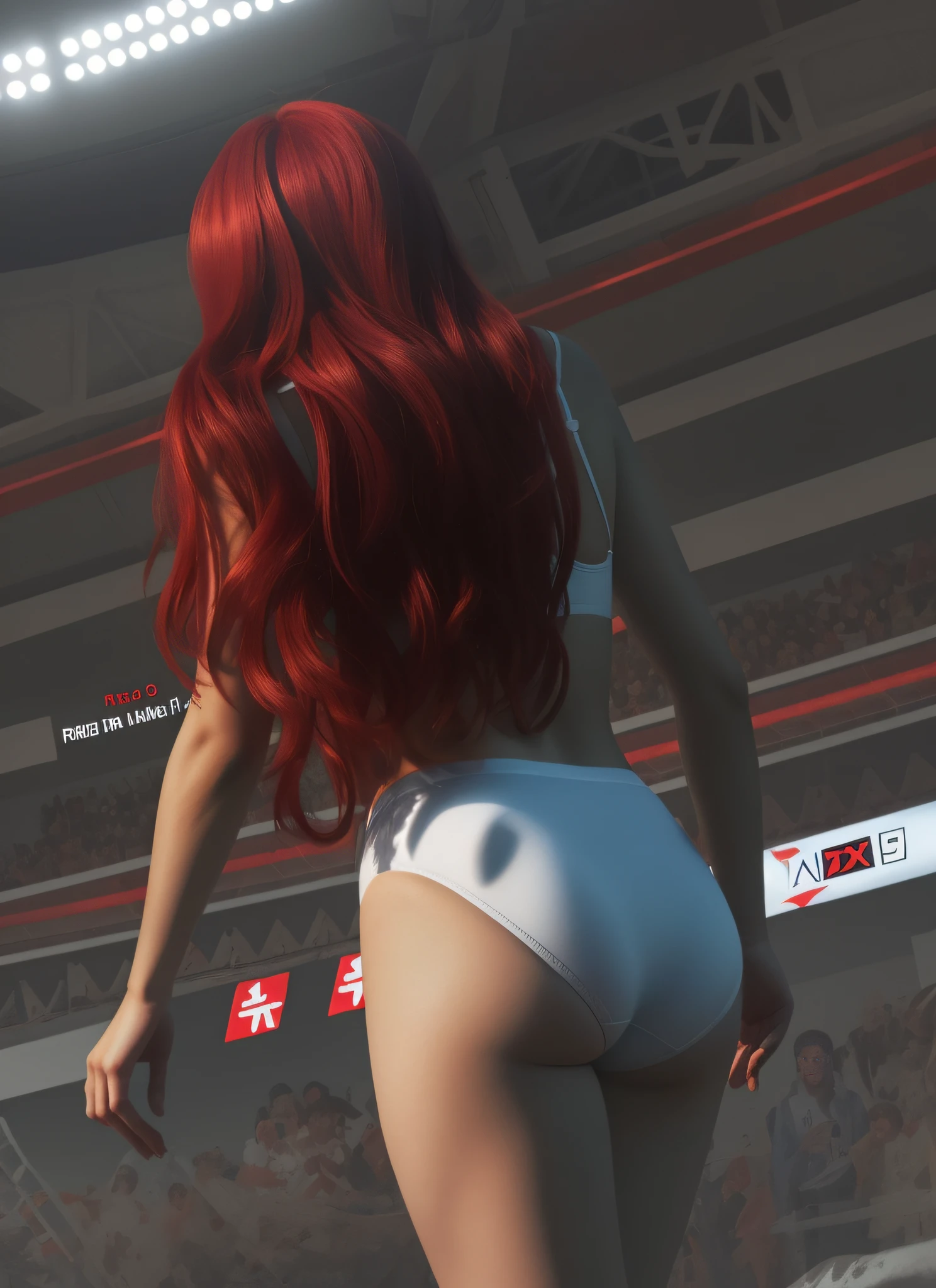 Red haired Latina in white bra and white high cut panties, realistic art style, detailed wrinkles
