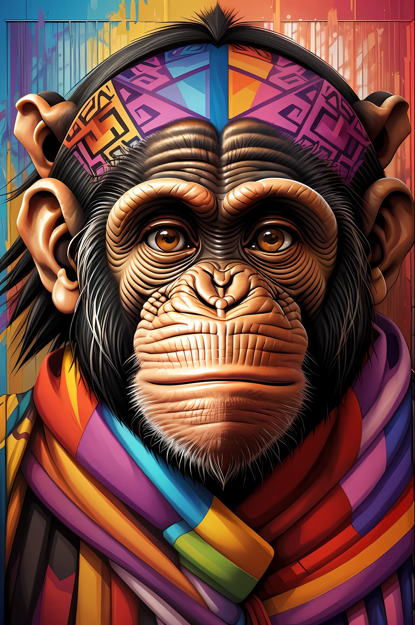(Chimpanzee ),(happy)),(2ear)), Eduardo Kobra padding ,wall PORTRAIT geometric multidimensional, art, chibi,
yang08k, beautiful, colorful,
masterpieces, top quality, best quality, official art, beautiful and aesthetic,