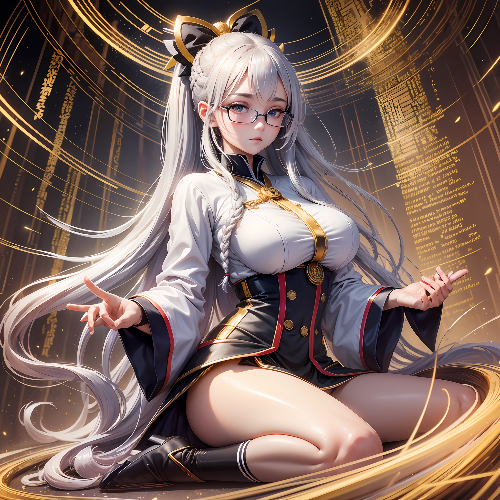 very cool intelligent beauty shinto priest, silver glasses, a bare mini-length shrine maiden costume, black knee high socks, anime, manga, illustration, fantasy, white silver glossy flowing layered wavy long hair, french braid ponytail, sparkling glossy gold big eyes, huge breasts, abs, slender, full body, background galaxy brilliant magic circle, give off rainbow and gold neon light many lines radially from floor and ceiling, portrait, animification, high resolution, best quality, very high image quality, ultra detailed, hyper realistic, photorealistic