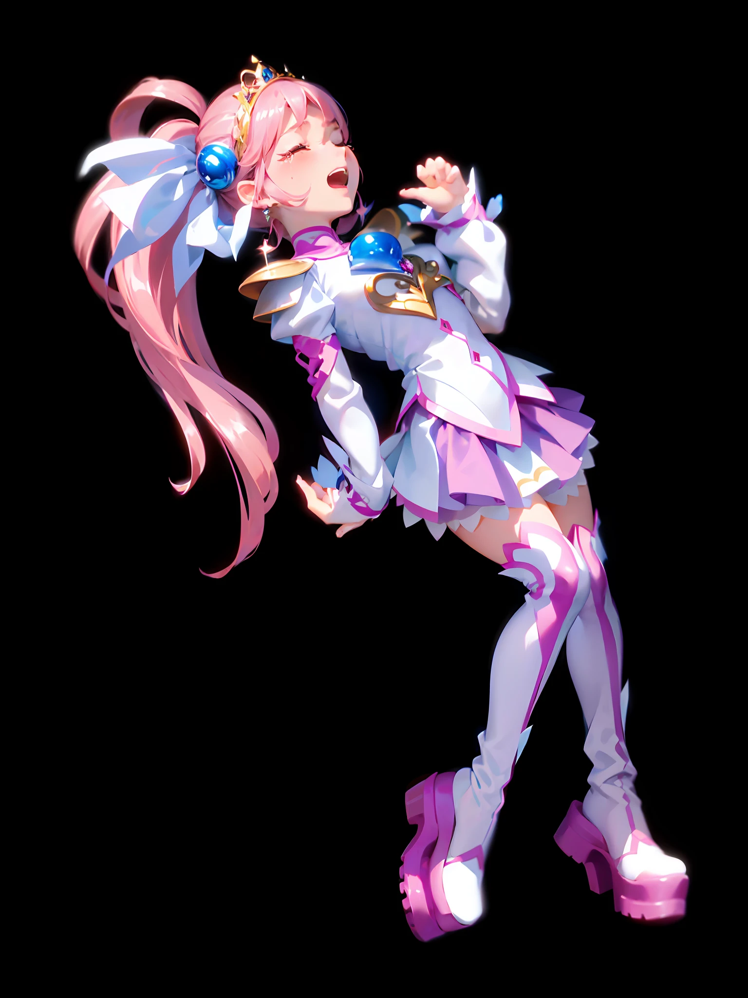 ((Cute + Dynamic: 1.2), (Masterpiece: 1.5), (Best Quality: 1.5), Hand drawn 8K wallpaper, 1 girl, closed eyes, slightly open mouth, perfect hands, beautiful expression of beating and crying, single ponytail+ (pink hair: 1.3), beautifully hand-painted, flowing long hair, glamorous sight, white shirt + pink skirt + over-the-knee socks: (1.2), fine tiara, white boots: (1.2), smooth legs: (1.2), no background: (1.5)),