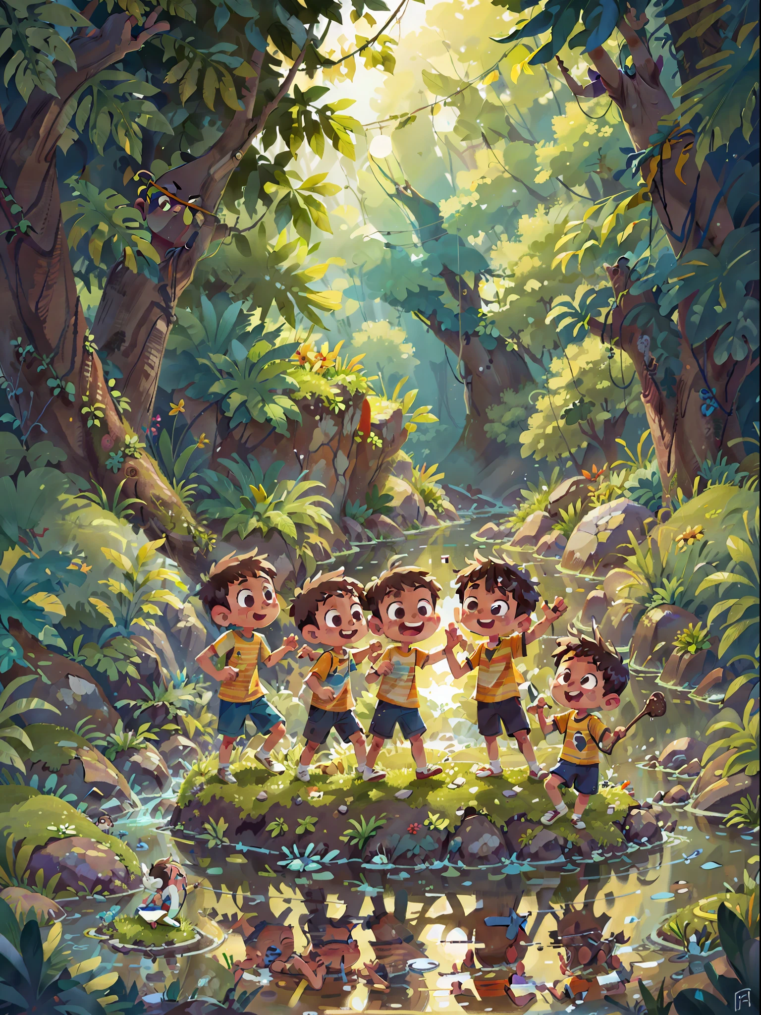 Poster design, (SFW), four boys playing in the river, fine facial features, summer, happy, water fight, background is interspersed in river, plants, perfect quality, clear focus, colorful, perfect face, intricate details, ultra low viewing angle, wide angle lens