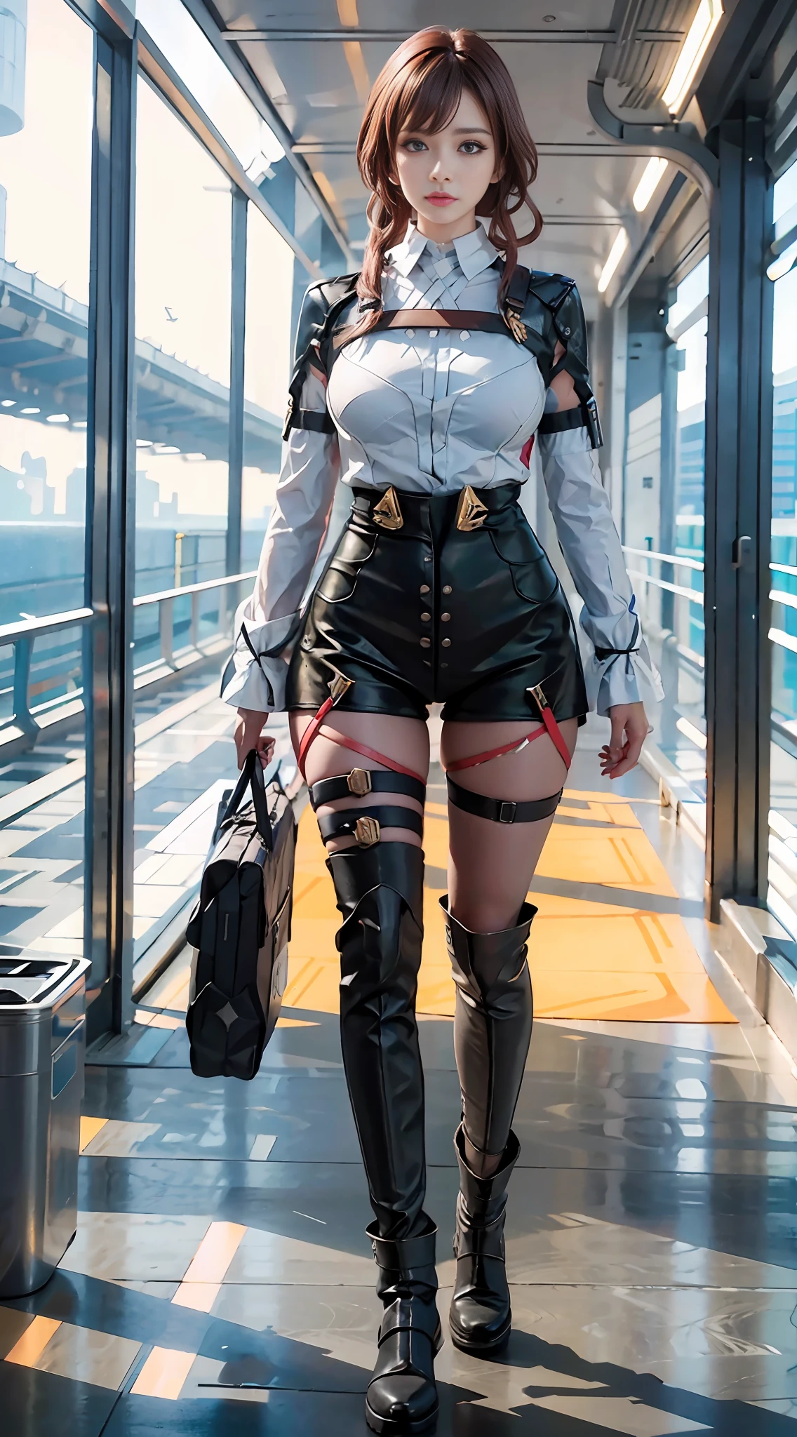 Unreal Engine 5 Realistic Rendering, wearing cosplay Kafka from Honkai Star Rail, Honkai Star Rail, game character, cosplayer, walking down hallway of futuristic space station, beautiful face, makeup, top body is hyper realistic thicc muscle and hyper largest_breasts!! with the type of boobs_melons, lower is huge buttocks, jealous, highres, highres, 1080P, UHD, masterpiece
