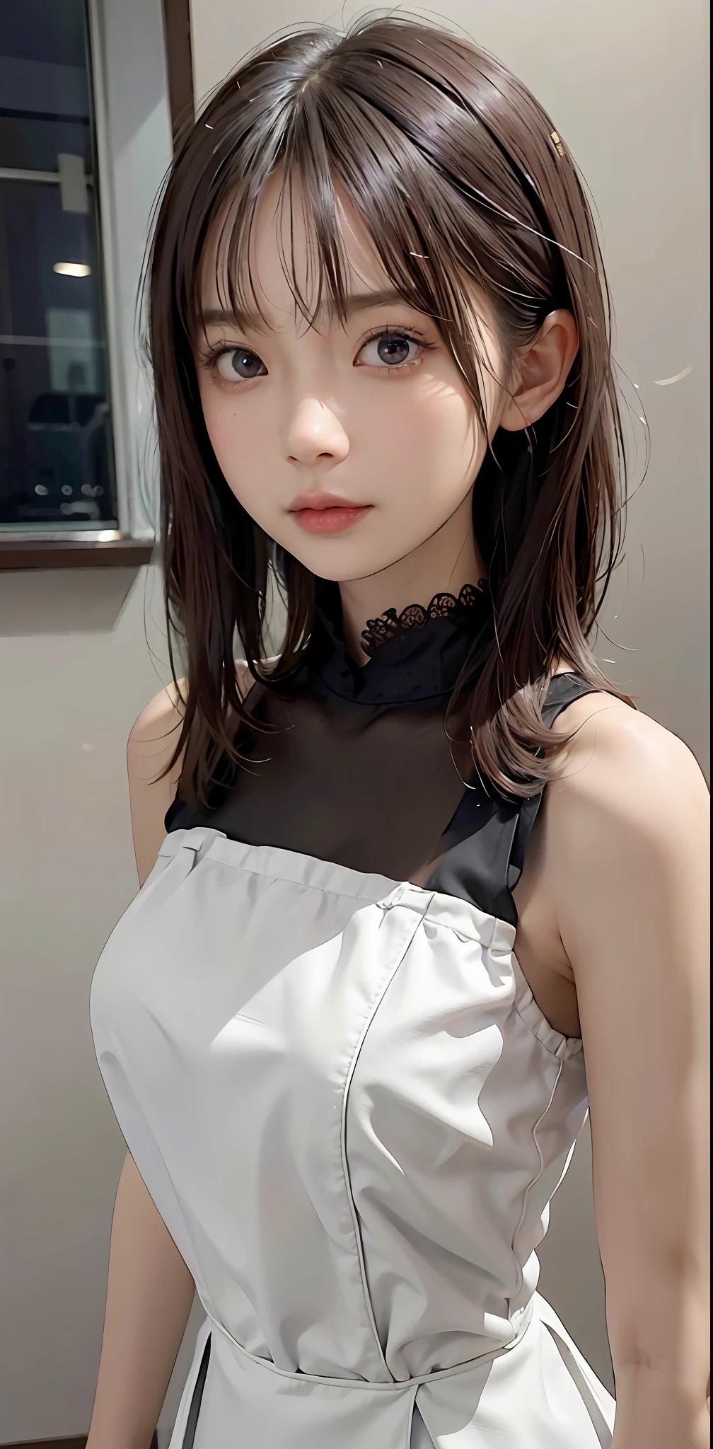 masterpiece, 1 beautiful girl, detailed eyes, puffy eyes, best quality, ultra high definition, (reality: 1.4), original photo, 1girl, cinematic lighting, Japan, asian beauty, korean, super beautiful, beautiful skin, slender, body facing front, (ultra-realistic), (high resolution), (8K), (very detailed), (best illustration), (beautifully detailed eyes), (ultra detailed) , detailed face, looking at the viewer, facing straight ahead, neat clothes, sleeveless, short hair, black hair, 46 points diagonal bangs, room based on white background tone, neat atmosphere,