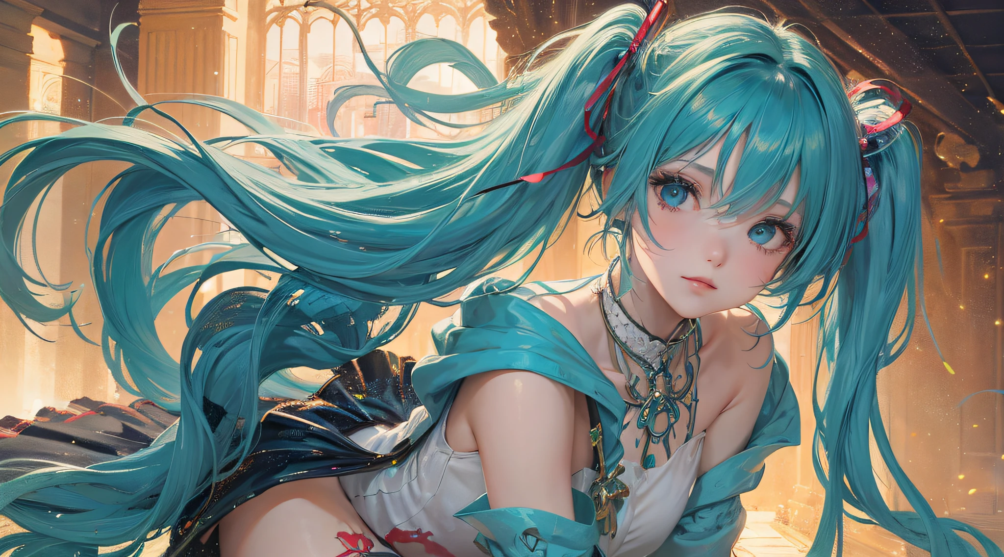 1, masterpiece, dreamy, complex details, studio photography, cinematic light, high brightness, depth of field, bright, light, pastel, colorful, vibrant, bright, sunny, bright and vibrant, high-key, vivid, depth of field,
1 girl, (Hatsune Miku: 1.5), long hair, shiny hair, upper body, bright particles, green glowing note hair clip flowers, blue eyes, bright ornaments, red tattoo (00 on shoulder), strap slip, blue hair, hands on their own cheeks, solo girl, Hatsune Miku, high quality, high resolution,