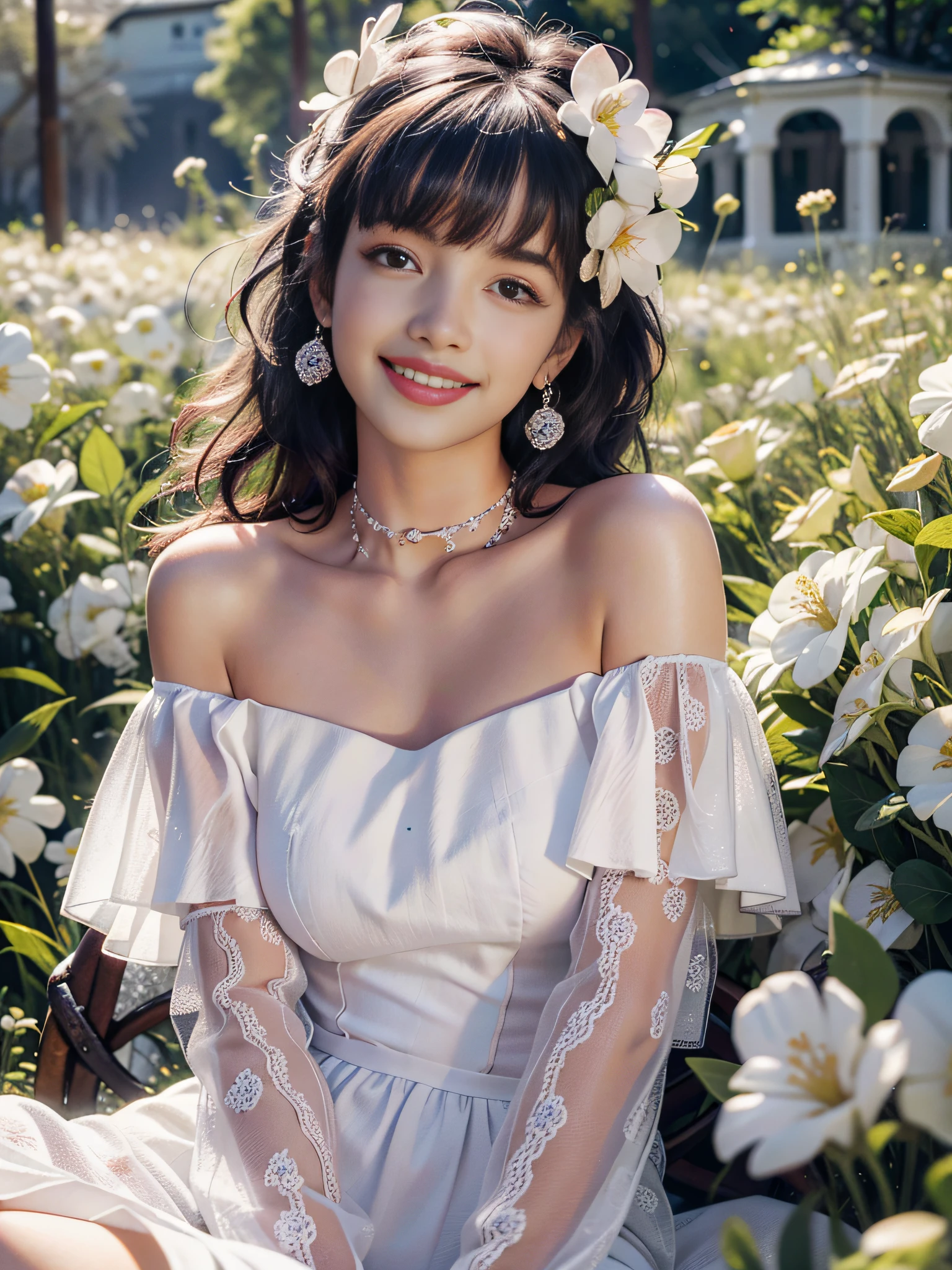 Best quality, masterpiece, ultra high res, (photorealistic:1.4), raw photo, 1girl, white dress, off shoulder, blossom flower field, glowing skin, light smile