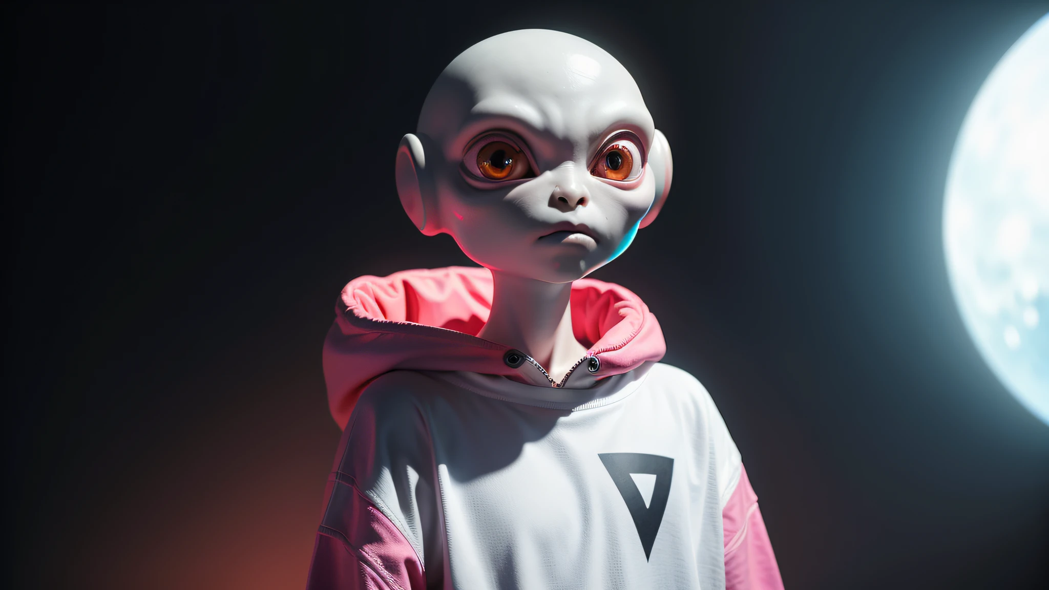 An alien, with albino and realistic skin, large head, short and thin neck, very large eyes and all black, which reflects the local lighting, a nose similar to that of humans but small, a mouth similar to that of humans but small, the body is thin and thin, the alien wears a white sleeve shirt with a letter made of small silver that appears to the right represented within a triangle of the same size, the clothing is inspired by the clothes used for surfing, the color to be used is red, pink chock and blue, as well as details of the environment, and manufactured with neoprene fabric, it is possible to notice a silver necklace hanging from his neck, with a pinjente in the triangular shape with an eye that sees everything in the center as a symbol. the alien is in a recording studio whose scenery is minimalist and features a gray background in gradient hue to circular white, the camera captures the image from the waist up, the alien presents friendly and light expressions, the alien interact with the camera always with a slight smile of satisfaction and tranquility,  The skin used and all the elements are of extreme realism, especially the skins, the lighting is an illumination inspired by the 80s.