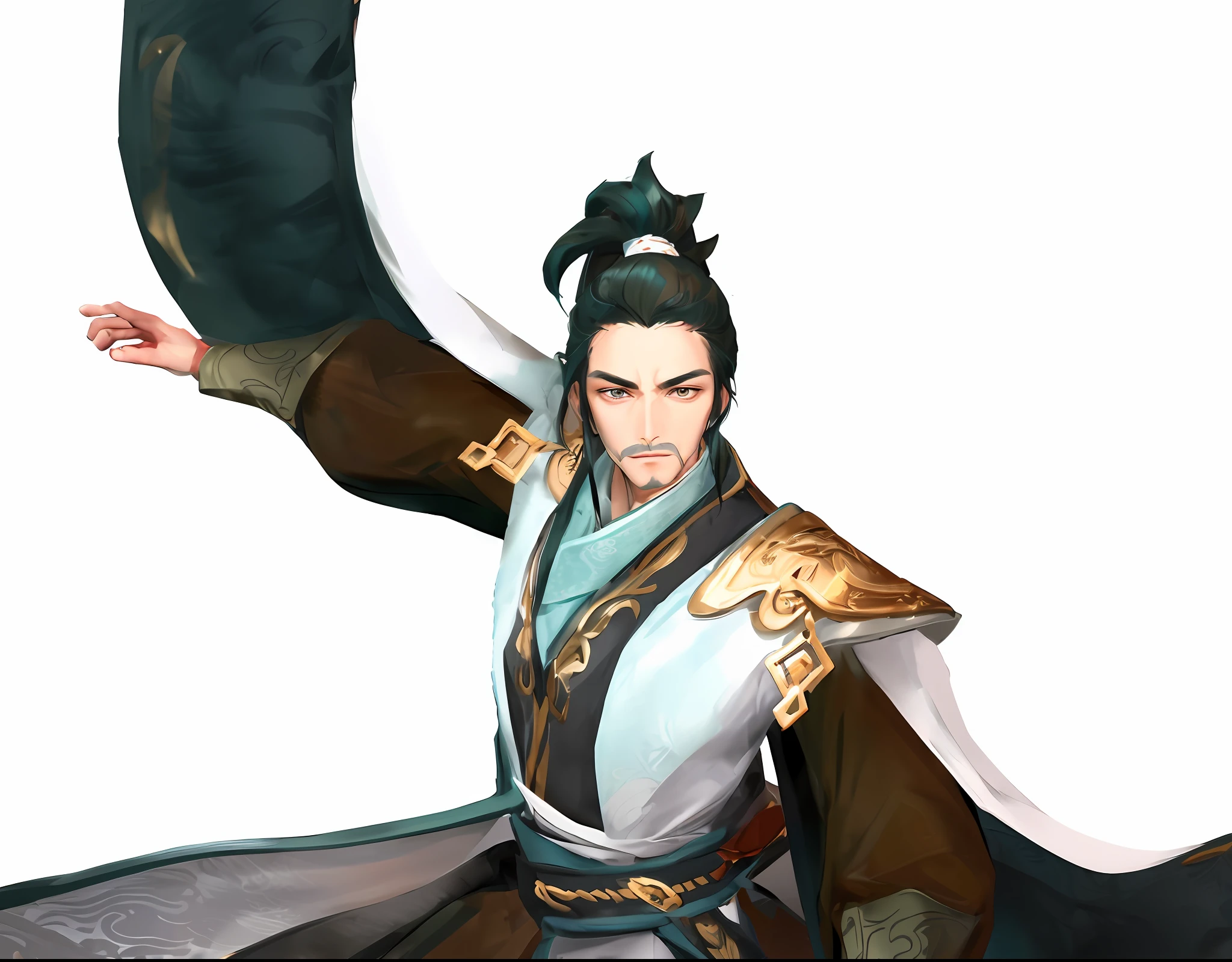 Masterpiece, Excellent, Daytime, 1 Man, Chinese Style, Ancient China, Chinese Court, Turquoise Brown Hair, Eyes Like an Eagle, Ponytail, Long Hair, High Ponytail, Handsome, Handsome, Masculine, Serious, Gentle, Tall, Quiet, Dark Clothes, Brown Clothes, Chinese Style Pattern, Prince, Heads-up