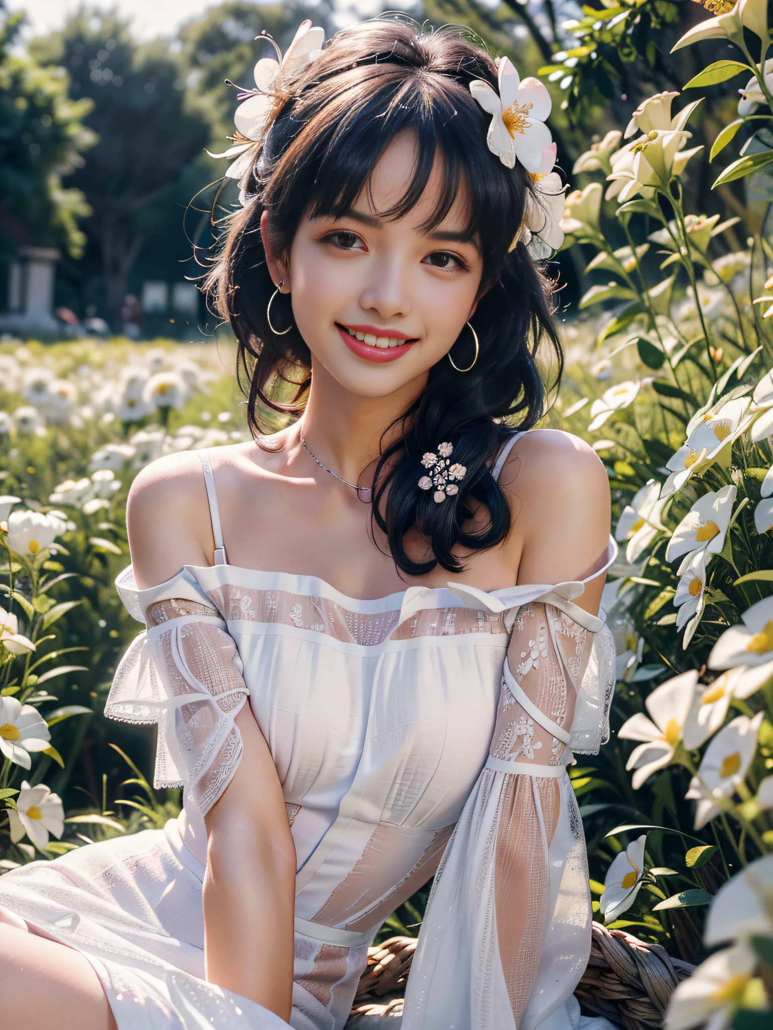 Best quality, masterpiece, ultra high res, (photorealistic:1.4), raw photo, 1girl, white dress, off shoulder, blossom flower field, glowing skin, light smile