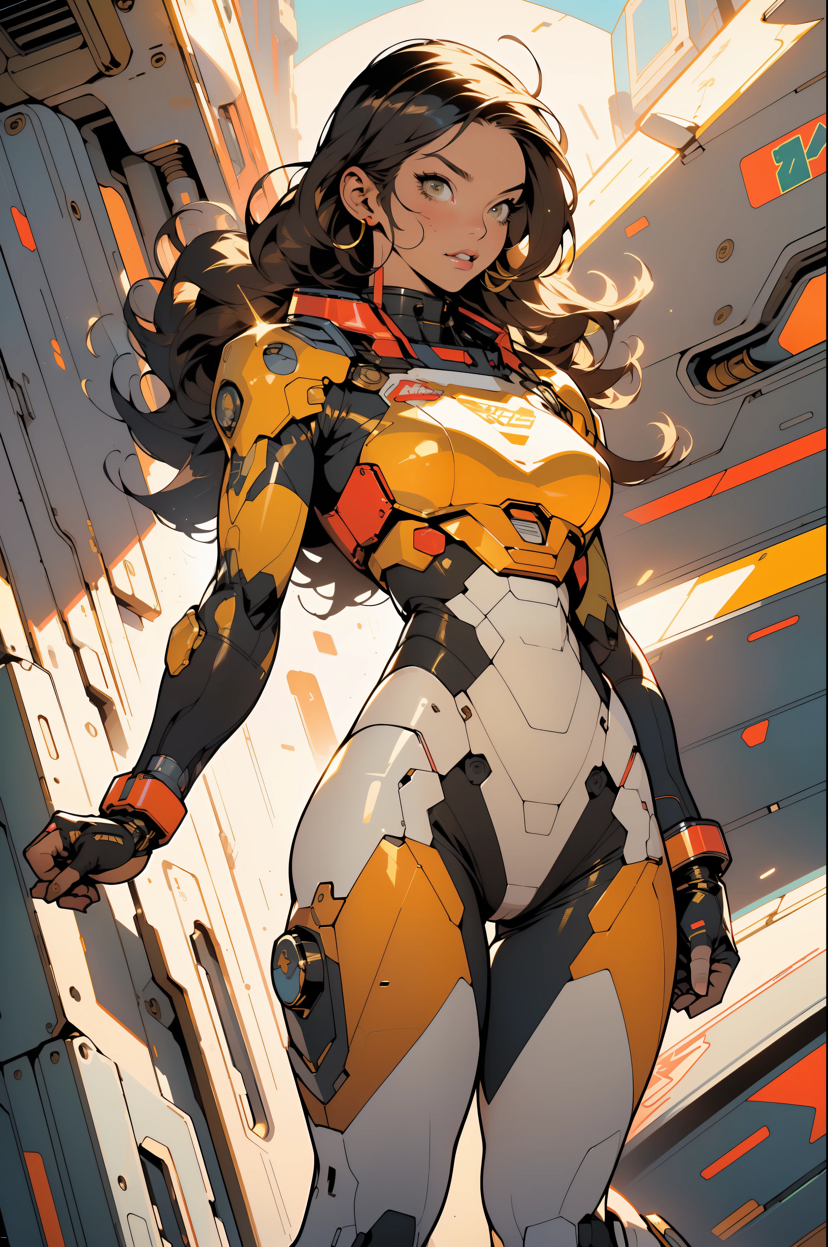 ((Best quality)), ((masterpiece)), (detailed: 1.4), (Absurd), (((full body)), (((woman))), 35-year-old woman, Beautiful muscular woman, giant robot pilot, wild with perfect body, wearing little clothing, tiny thong, clothing with Japanese graphic patterns, halftone pattern and vertical stripes, yellow gold, coming out of the body of a giant robot