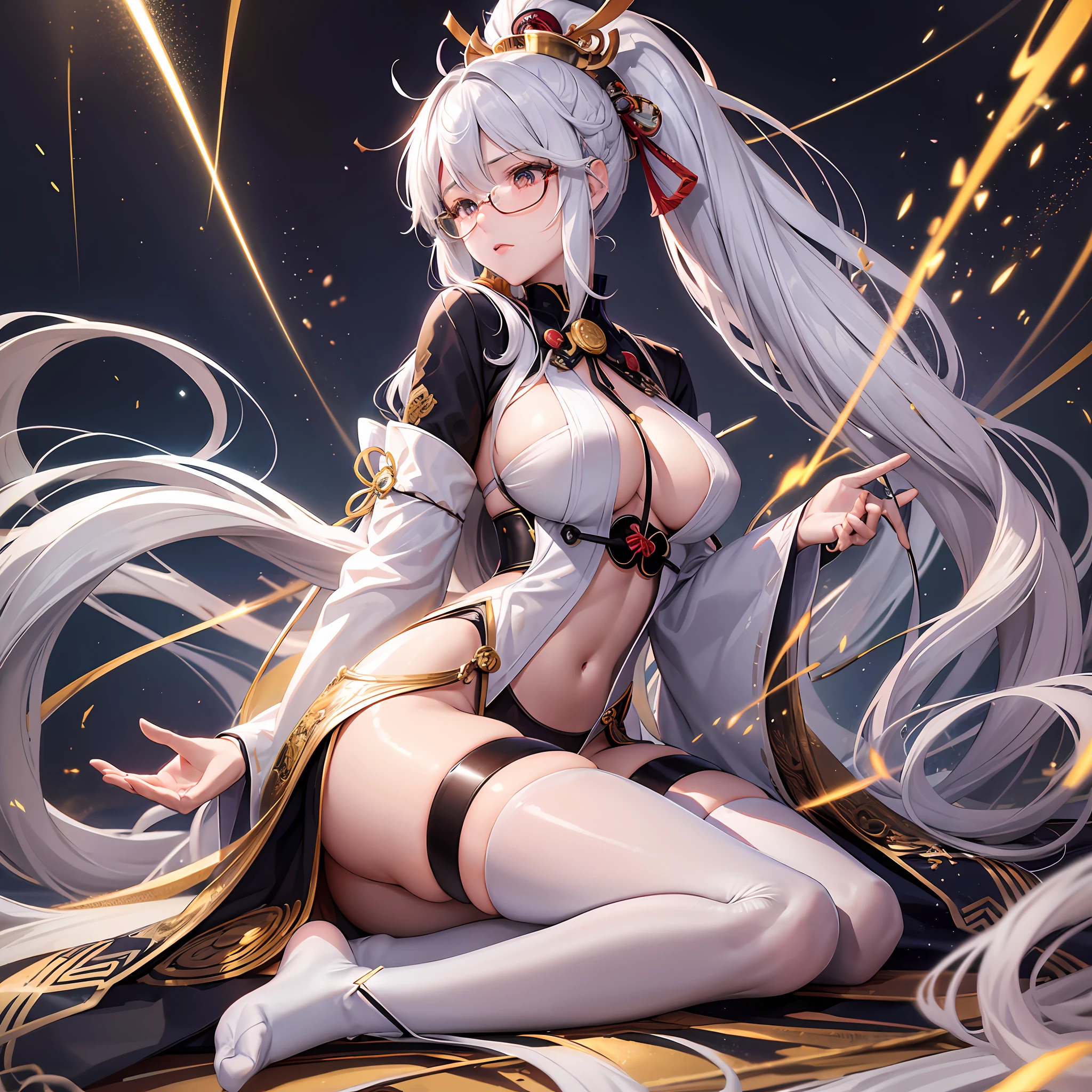 very cool intelligent beauty shinto priest, silver glasses, a bare mini-length shrine maiden costume, black knee high socks, anime, manga, illustration, fantasy, white silver glossy flowing layered wavy long hair, french braid ponytail, sparkling glossy gold big eyes, huge breasts, abs, slender, full body, background galaxy brilliant magic circle, give off rainbow and gold neon light many lines radially from floor and ceiling, portrait, animification, high resolution, best quality, very high image quality, ultra detailed, hyper realistic, photorealistic --auto --s2