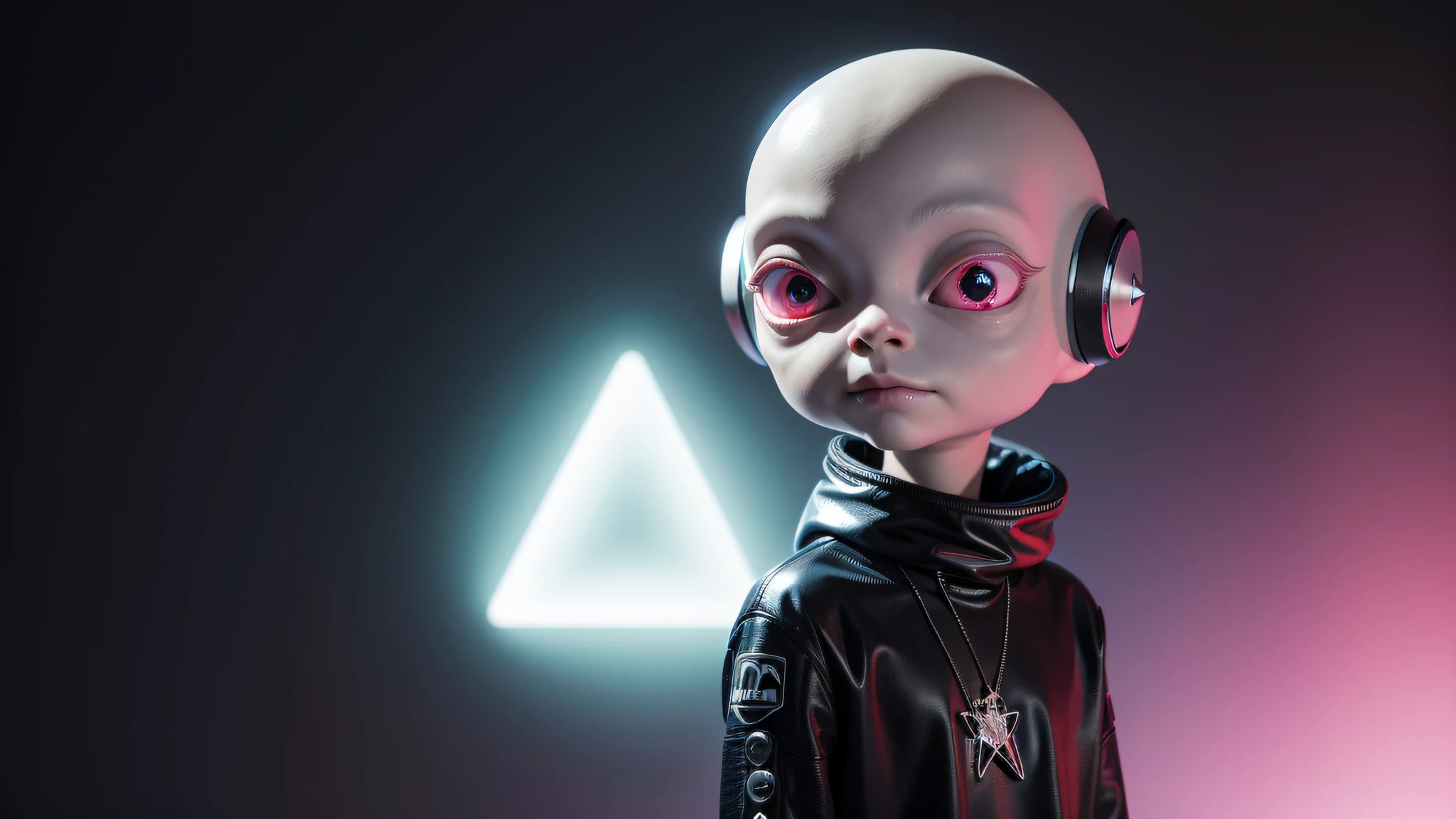 An alien, with albino and realistic skin, large head, short and thin neck, very large eyes and all black, which reflects the local lighting, a nose similar to that of humans but small, a mouth similar to that of humans but small, the body is thin and thin, the alien wears a white sleeve shirt with a letter made of small silver that appears to the right represented within a triangle of the same size, the clothing is inspired by the clothes used for surfing, the color to be used is red, pink chock and blue, as well as details of the environment, and manufactured with neoprene fabric, it is possible to notice a silver necklace hanging from his neck, with a pinjente in the triangular shape with an eye that sees everything in the center as a symbol. the alien is in a recording studio whose scenery is minimalist and features a gray background in gradient hue to circular white, the camera captures the image from the waist up, the alien presents friendly and light expressions, the alien interact with the camera always with a slight smile of satisfaction and tranquility,  The skin used and all the elements are of extreme realism, especially the skins, the lighting is an illumination inspired by the 80s.