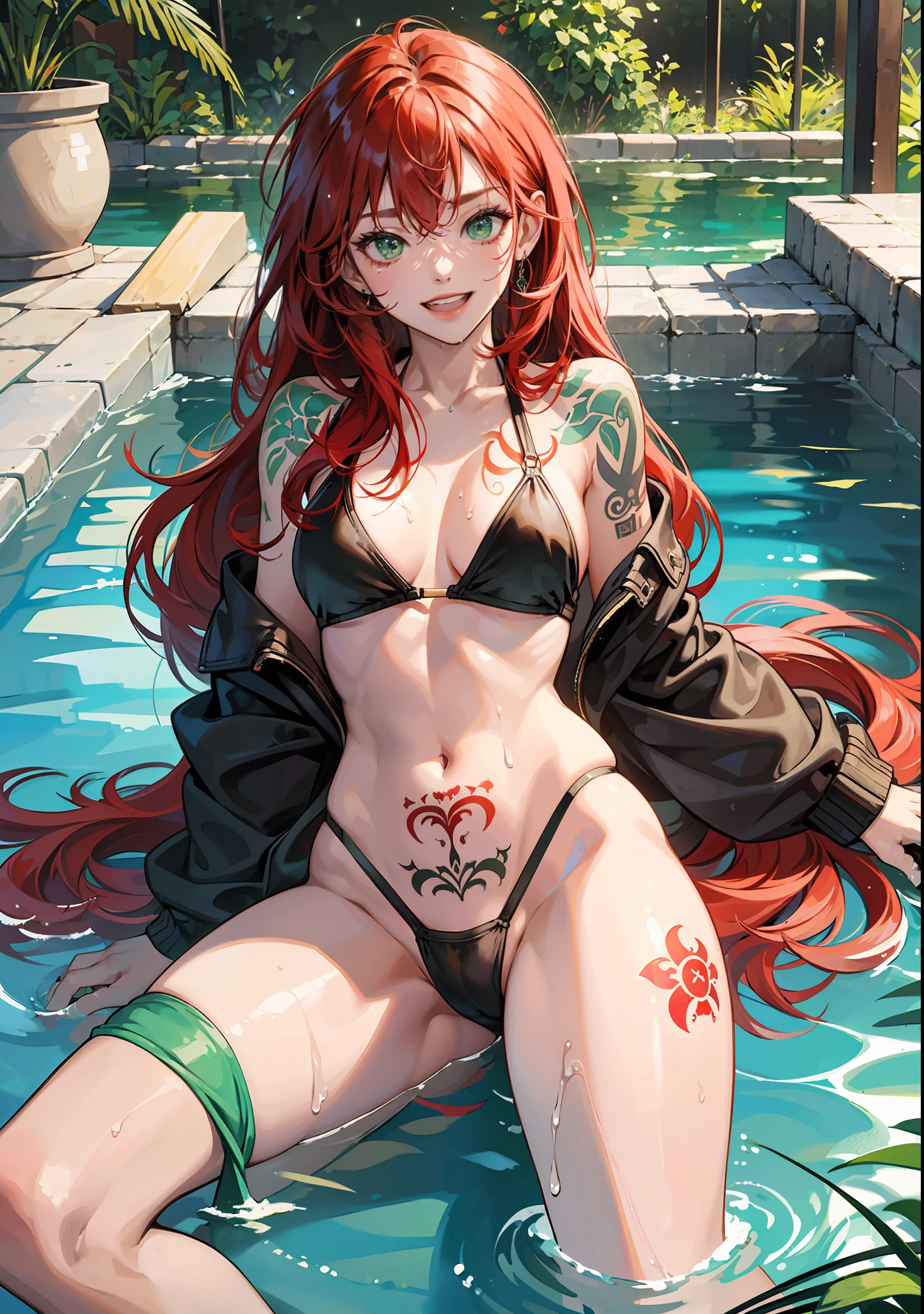 masterpiece, best quality, hi-res,, one girl, solo, green eyes, long hair, red hair,, bangs, eyebrows, (crotch tattoo:1.1), slingshot bikini, poolside, open mouth, smile, wet, --auto --s2